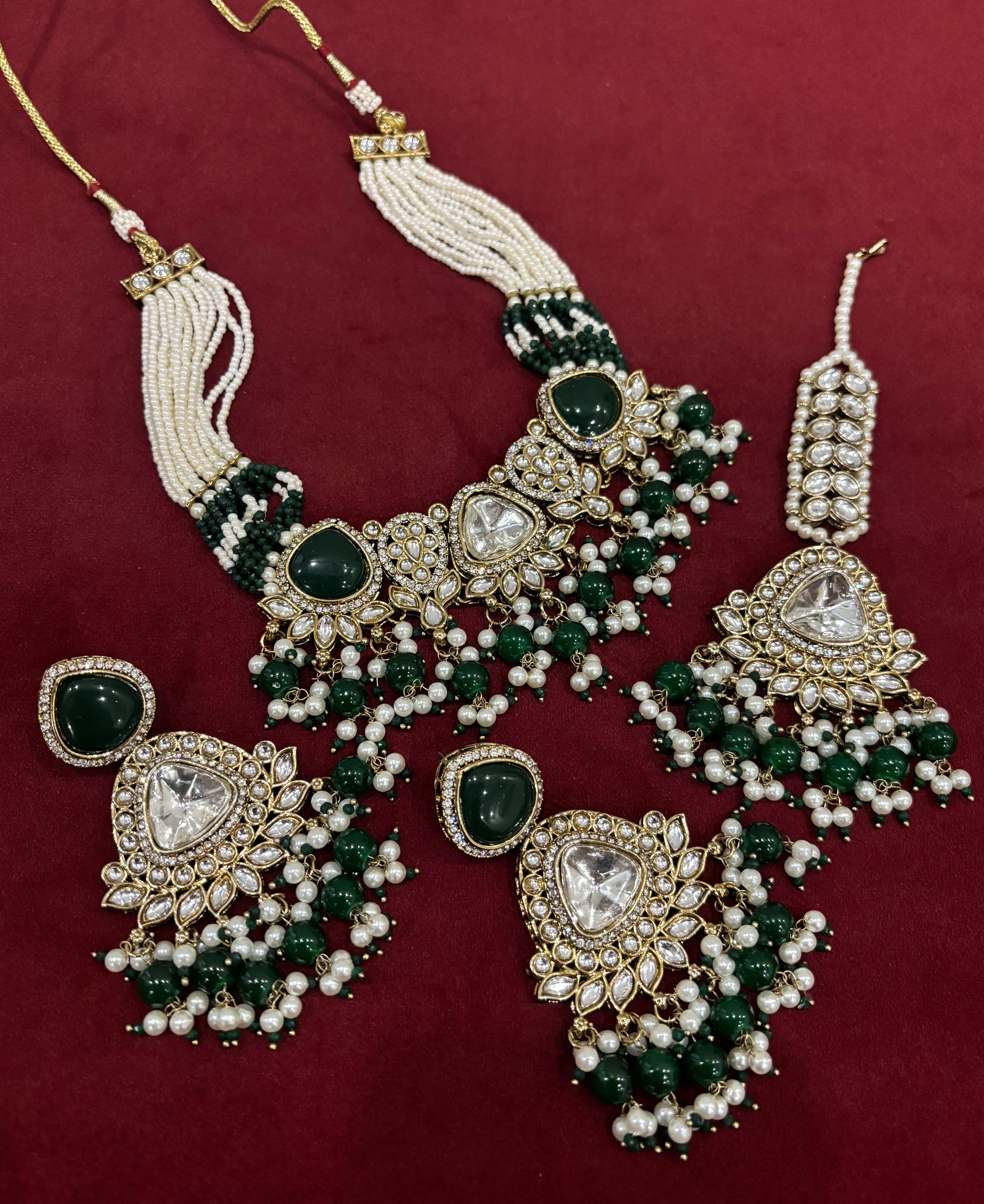 Emerald Navneet Heavy Look Necklace With Mang Tikka & Earrings