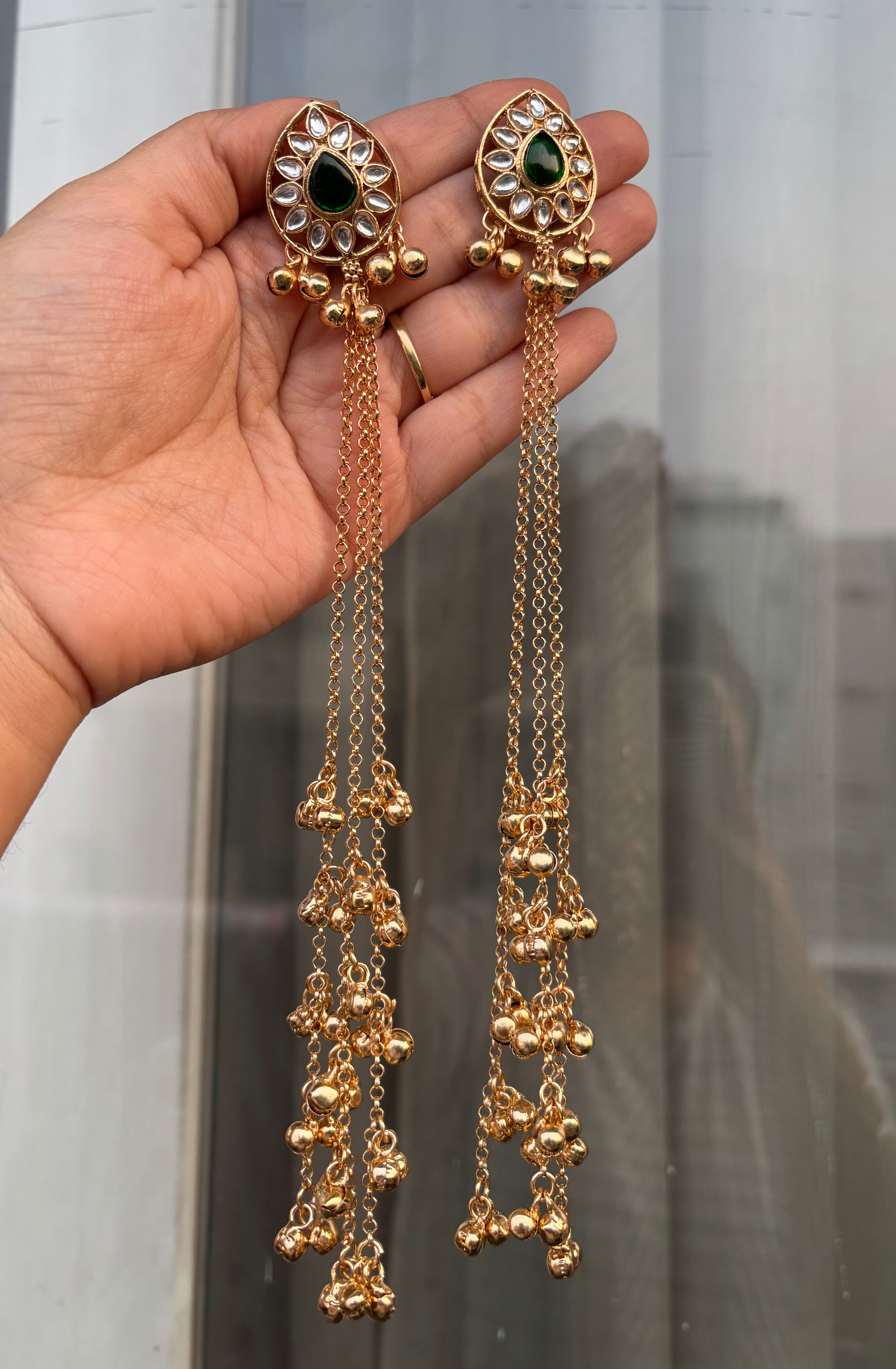 Green Kundan Dupe Stud Kashmiri Long Layer Ghungroo Earrings