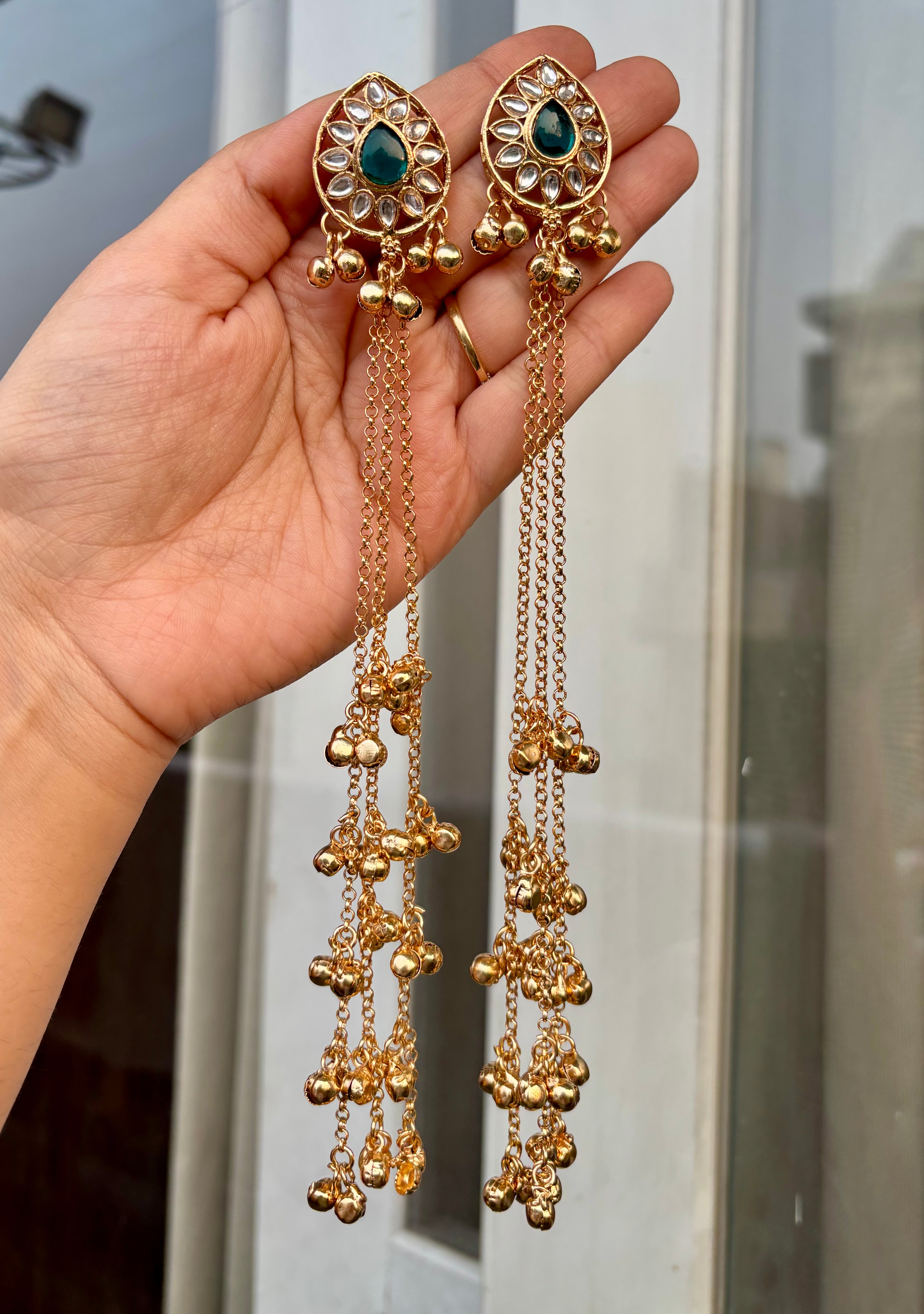 Rama Green Kundan Dupe Stud Kashmiri Long Layer Ghungroo Earrings