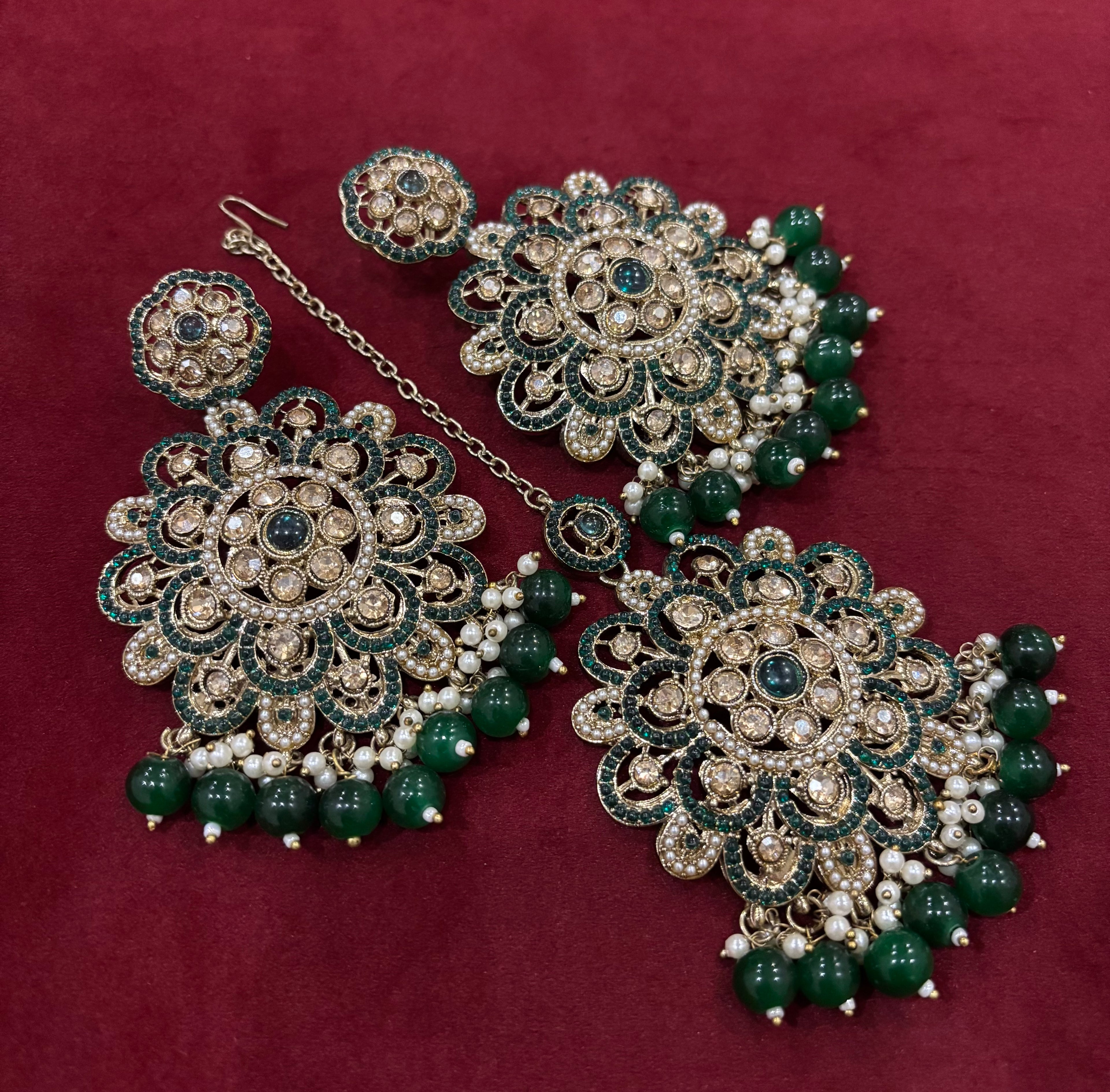 High Quality Designer Pakistani Style Dark Green Oversized Manf Tikka With Earrings