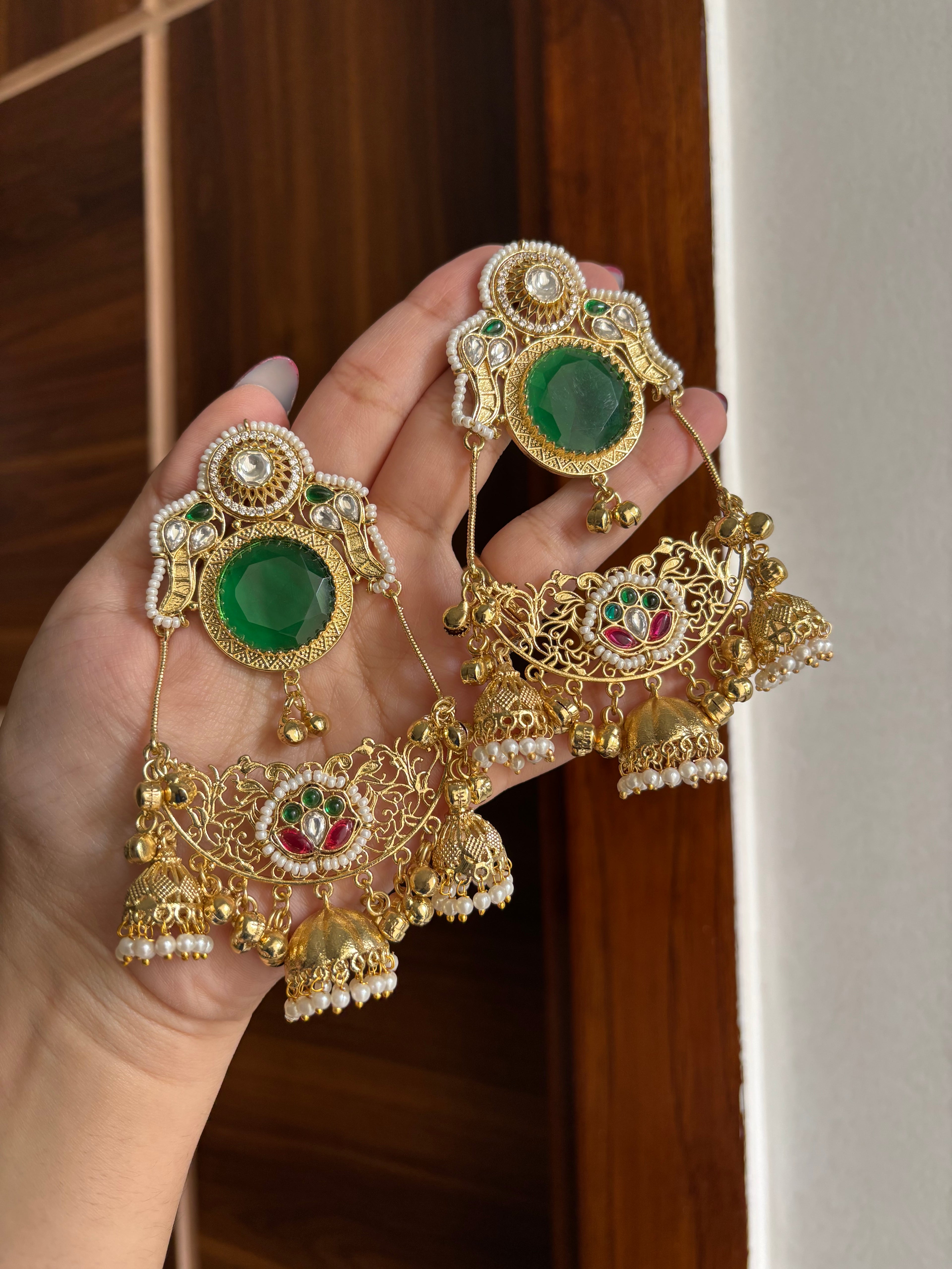 Laila Kashmiri Chandbali Earrings (Green)