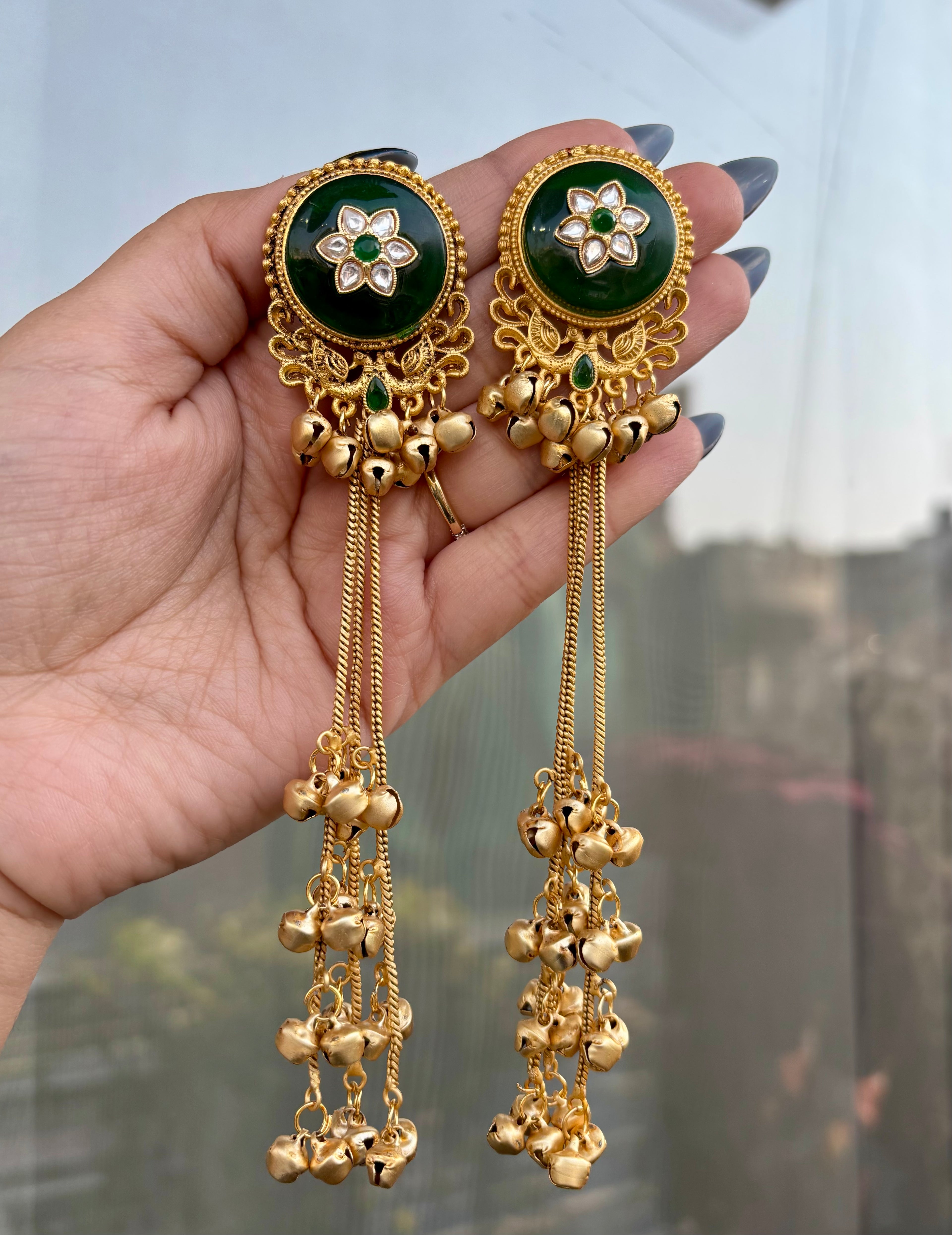 Round Green Kashmiri Long Earrings