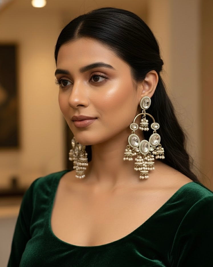 High Quality Designer Polki Dupe Long Earrings With Jhumkas Touch