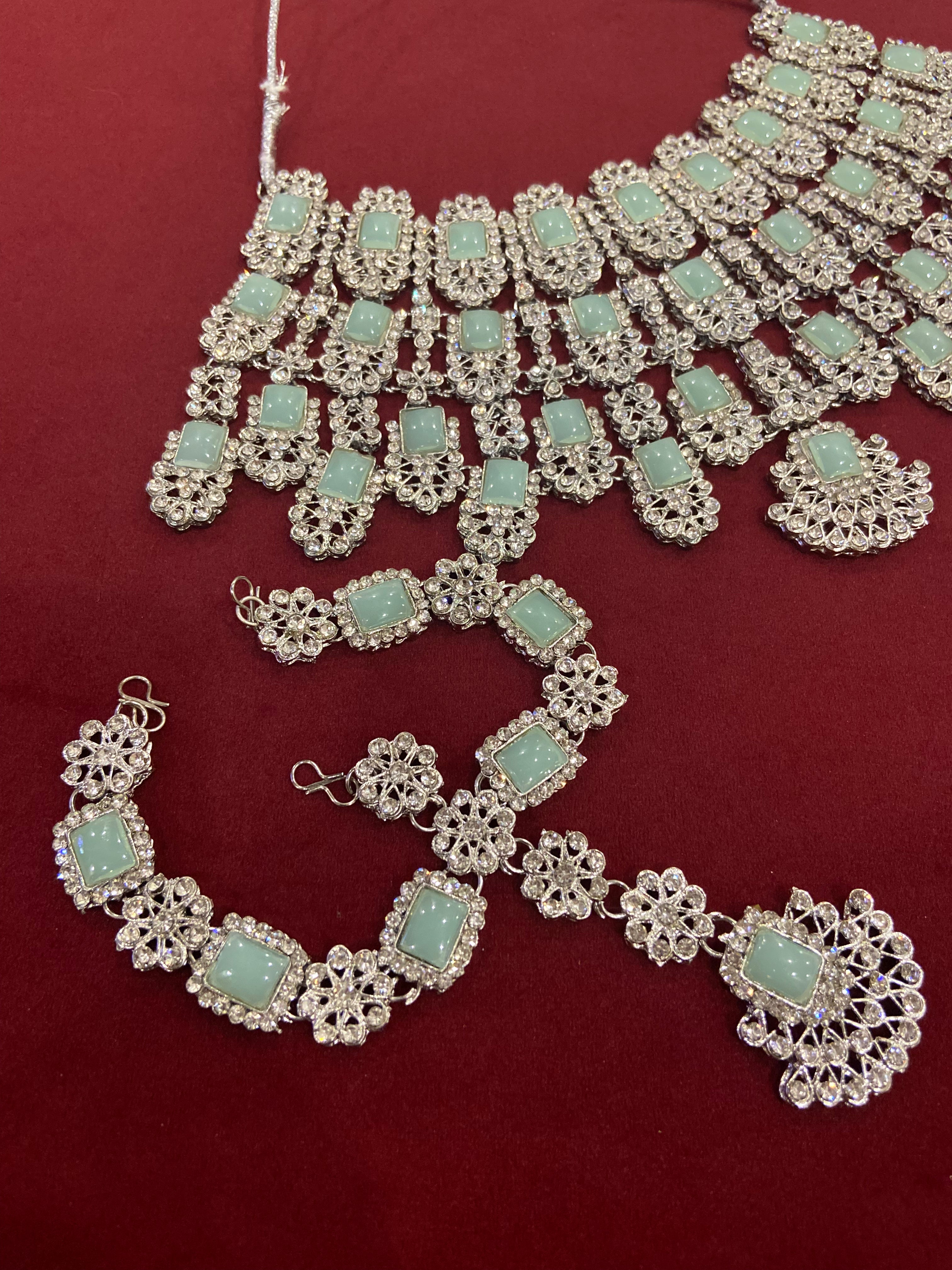 Kiara Mint Necklace With Mathapatti & Earrings