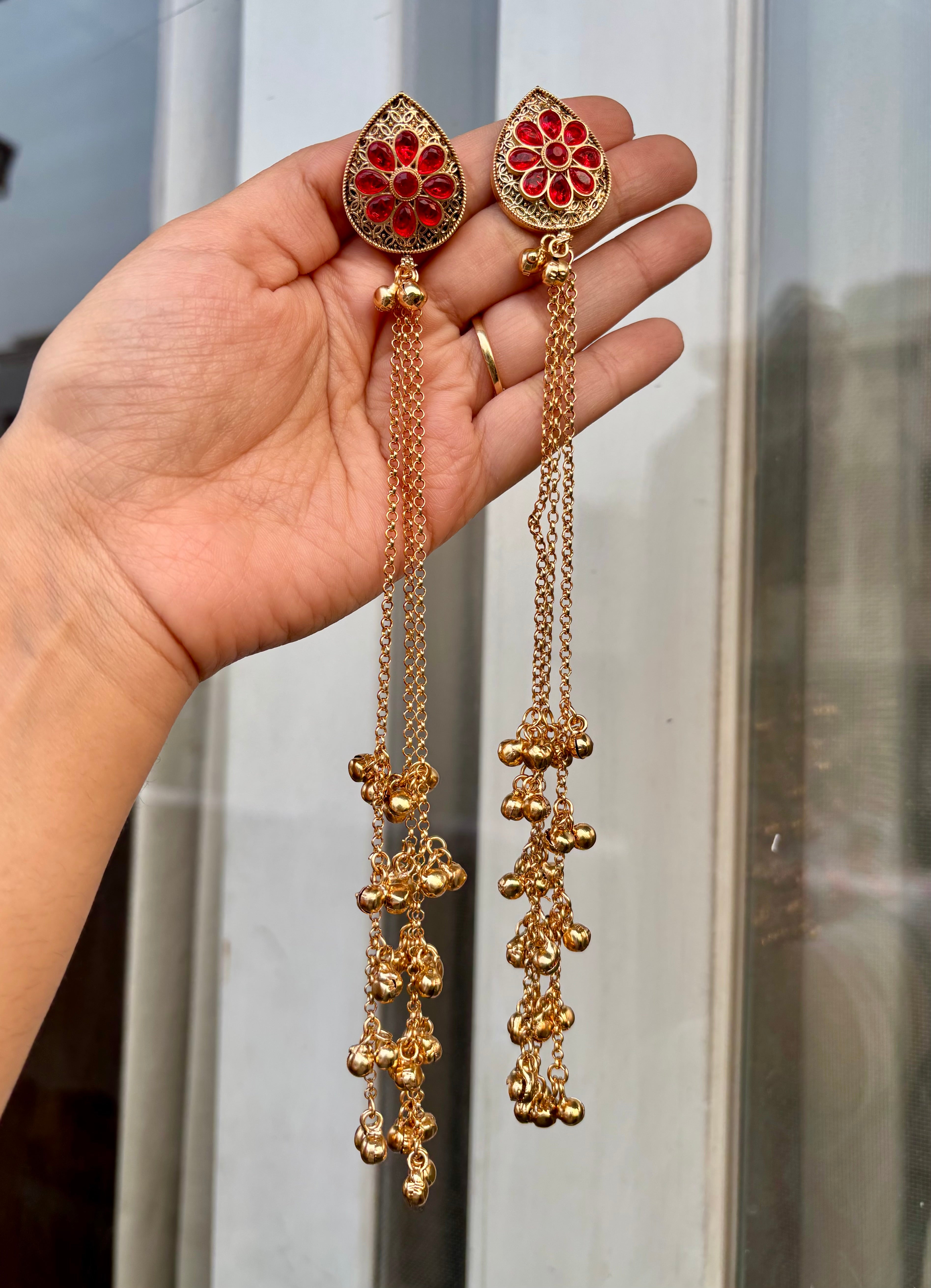 Almond Red Stud Kashmiri Long Layer Ghungroo Earrings