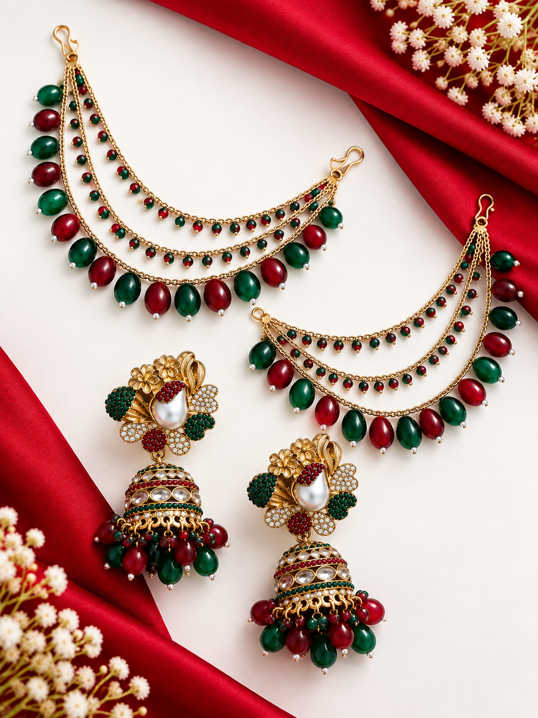 Heena Turkish Jhumkas With Detachable Earchain (Maroon/Green)