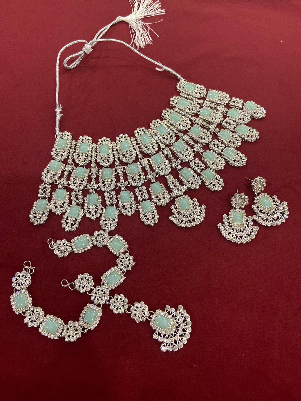 Kiara Mint Necklace With Mathapatti & Earrings
