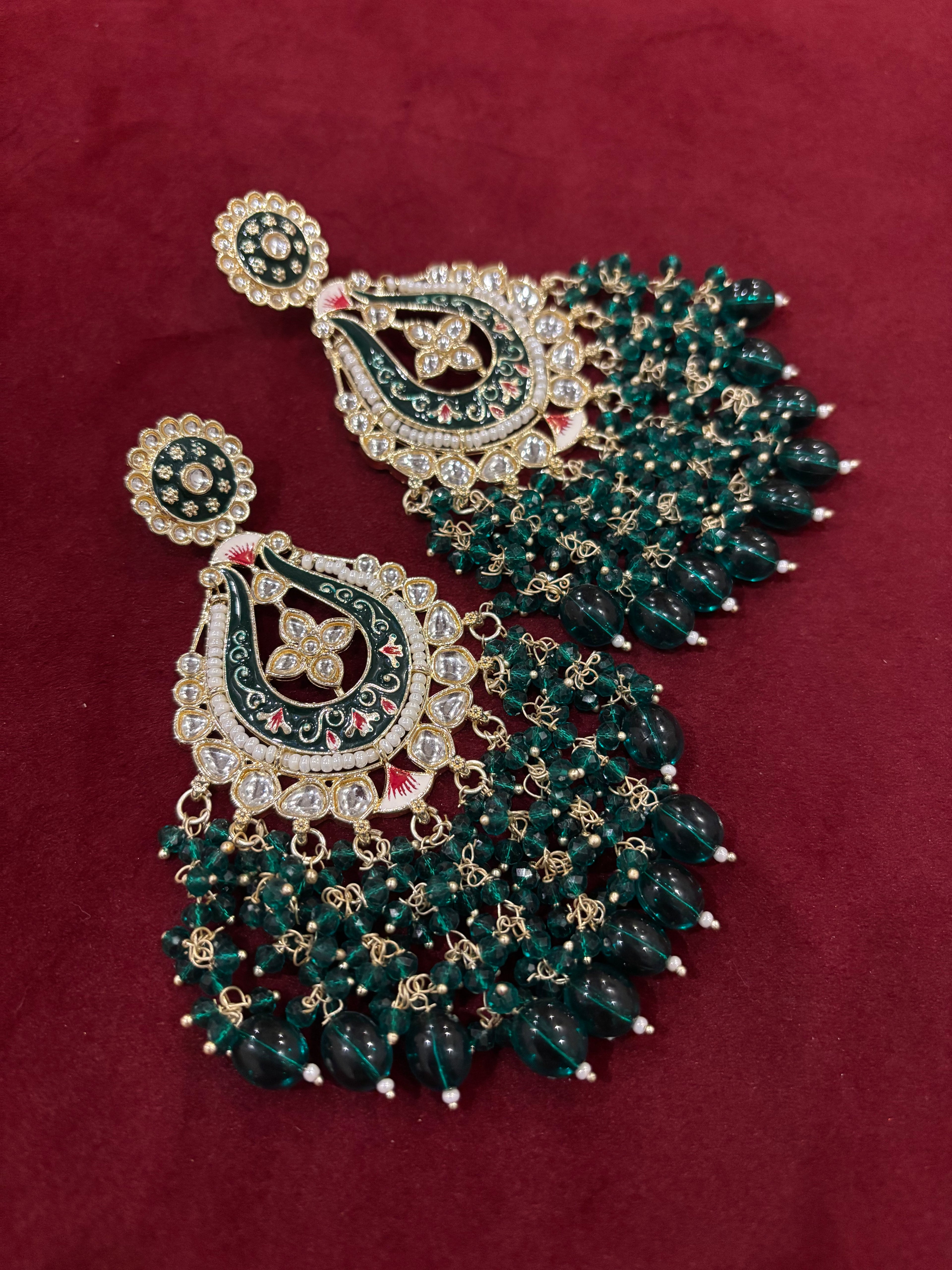 Dark Green Earrings With Meenakari Work