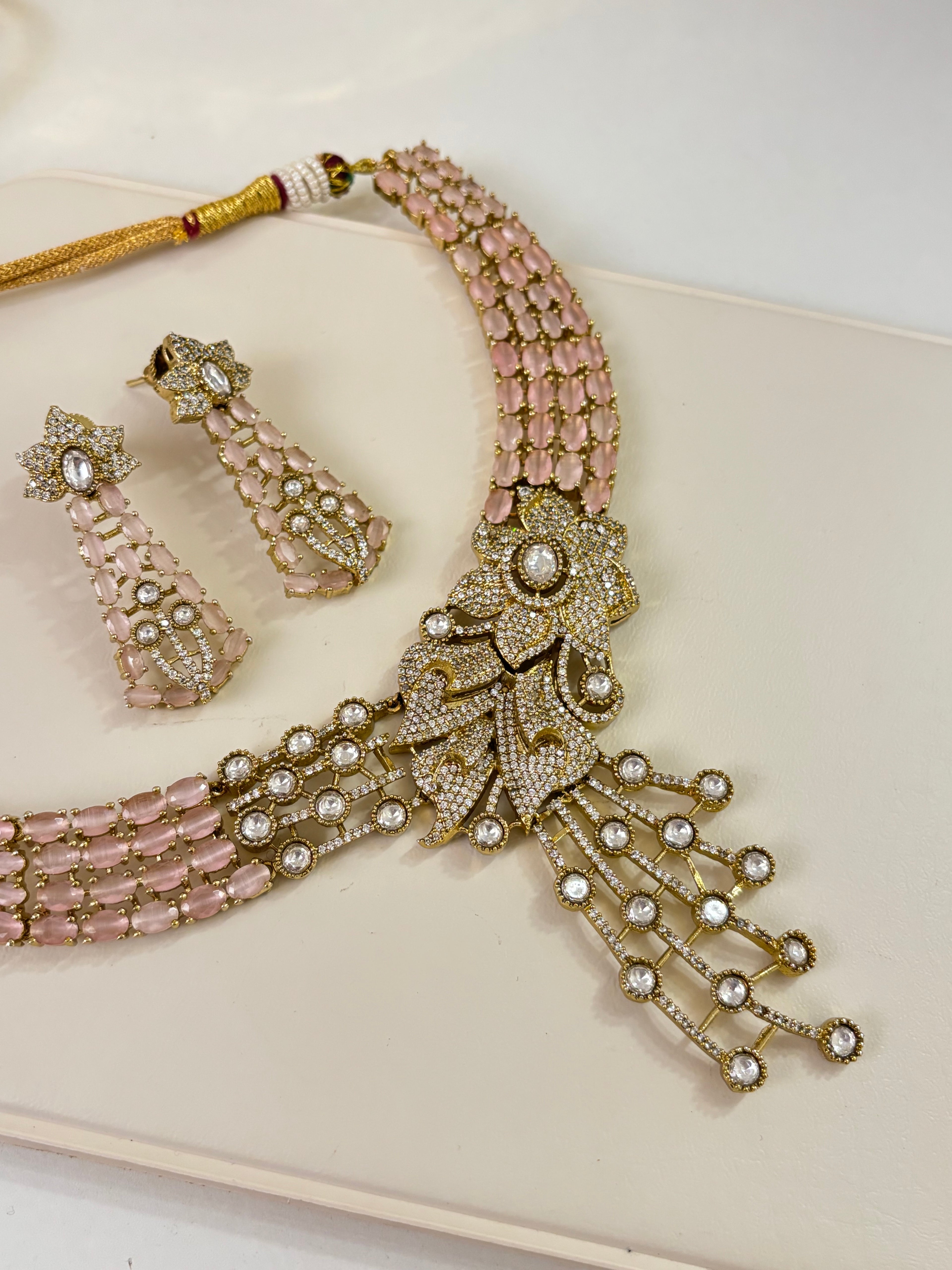 Premium Rose Statement Necklace With Earrings (Baby Pink)