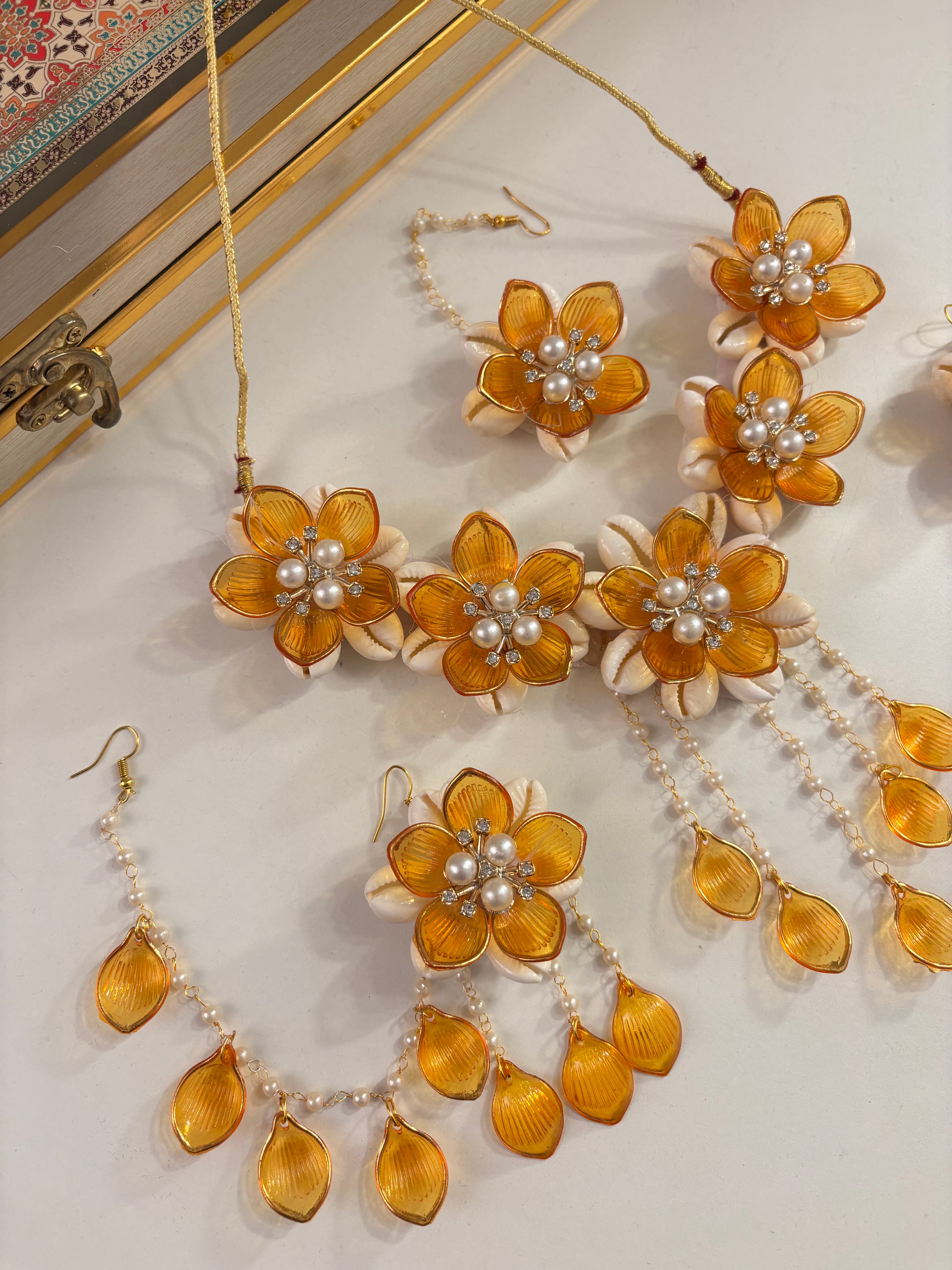 Rose Petal & Mogra Touch Necklace With Mang Tikka & Earrings With Side Layers (Yellow)