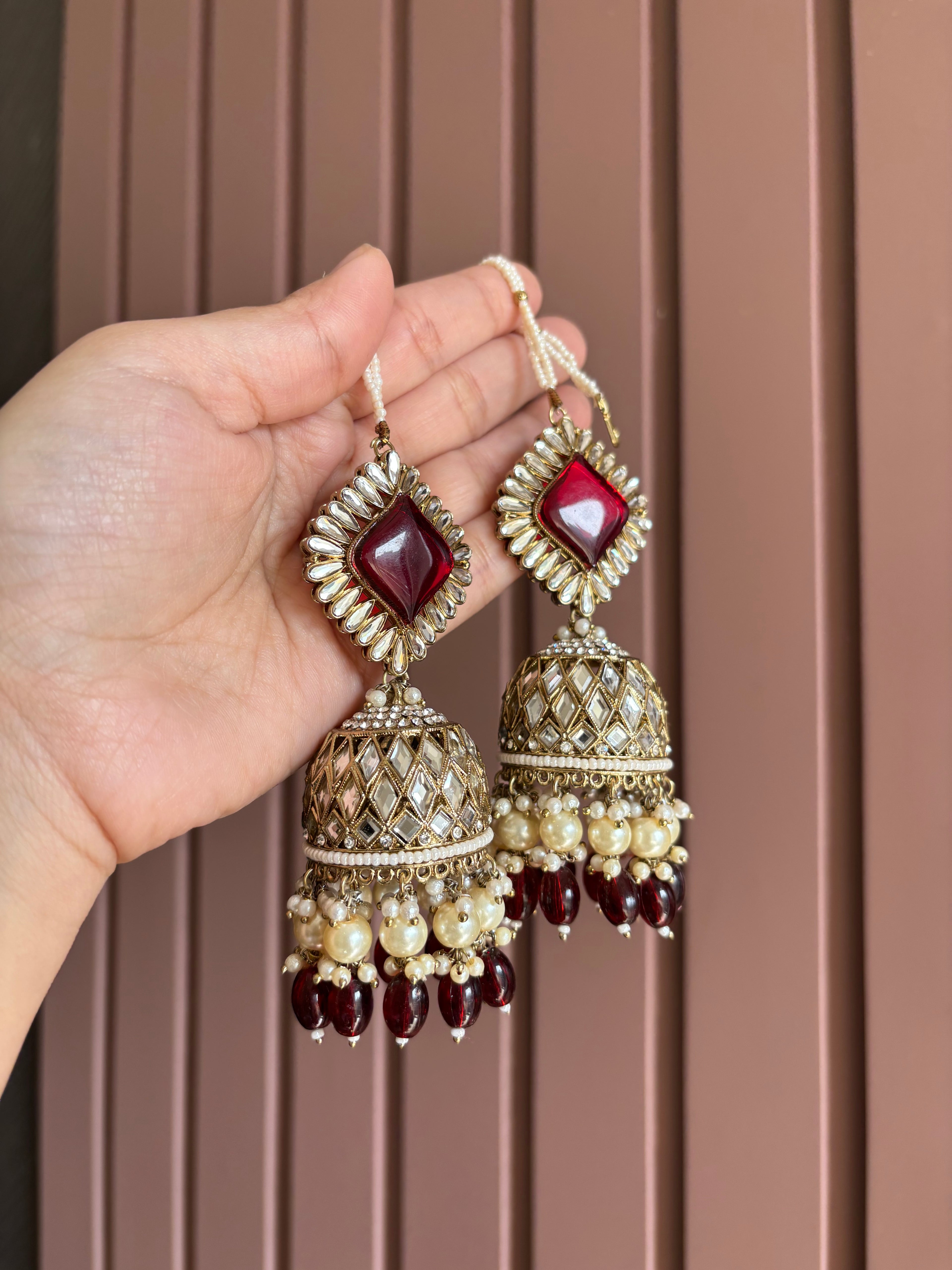 High Quality Designer Maroon Mirror Cut Jhumkas With Sahara