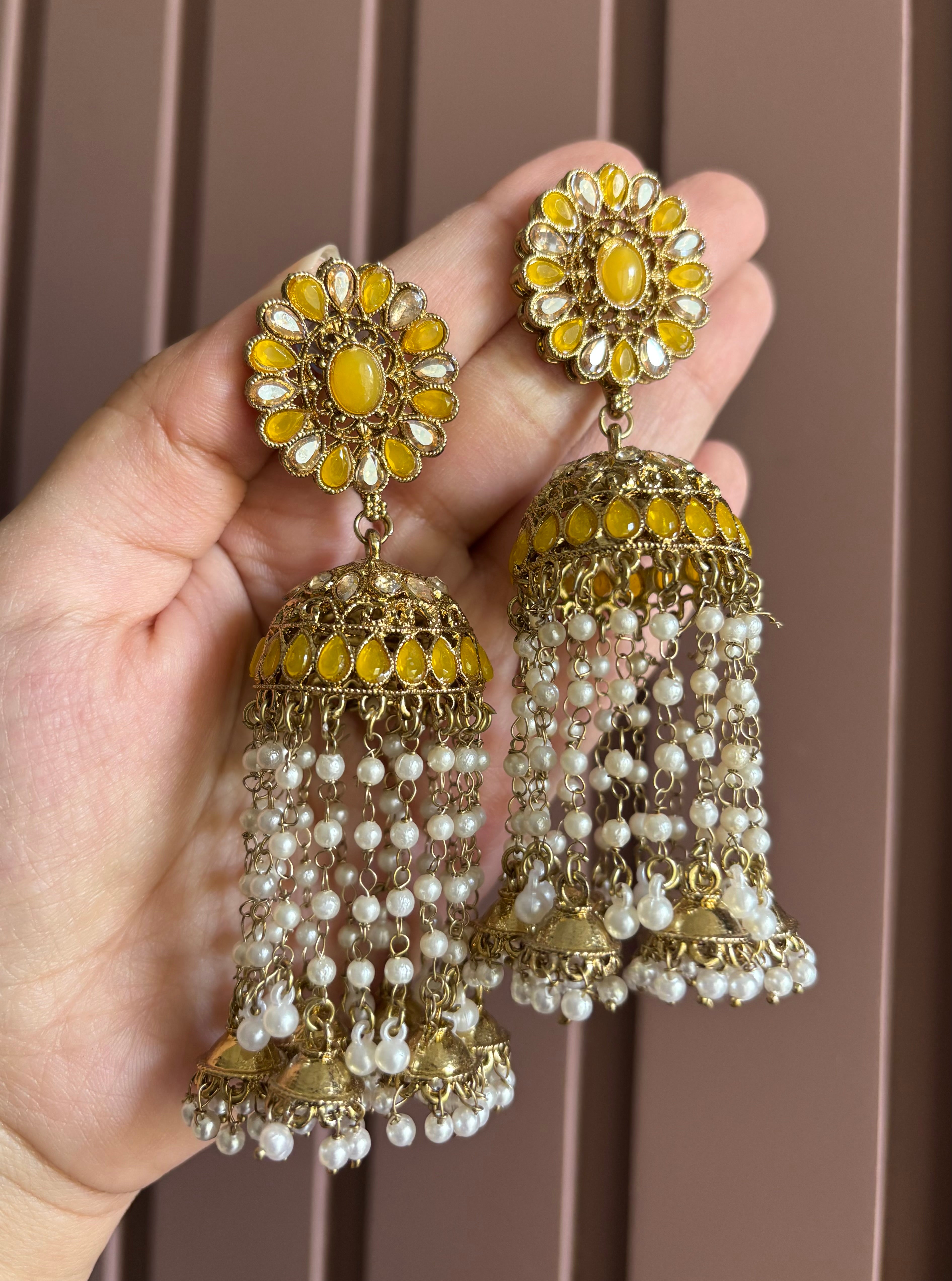 High Quality Designer Flower Layer Touch Jhumkas (Yellow)