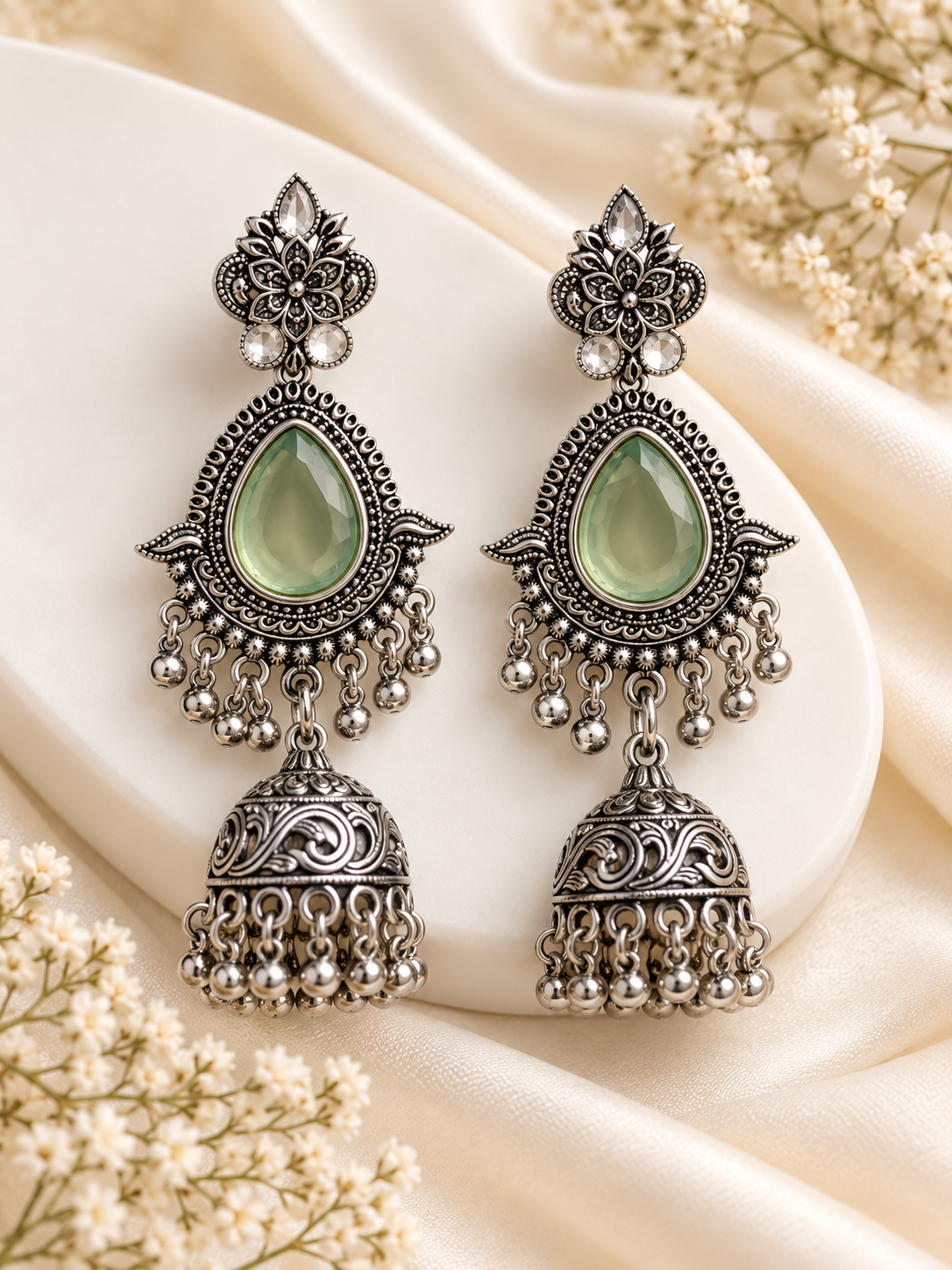 Akriti Silver Jhumkas (Mint)