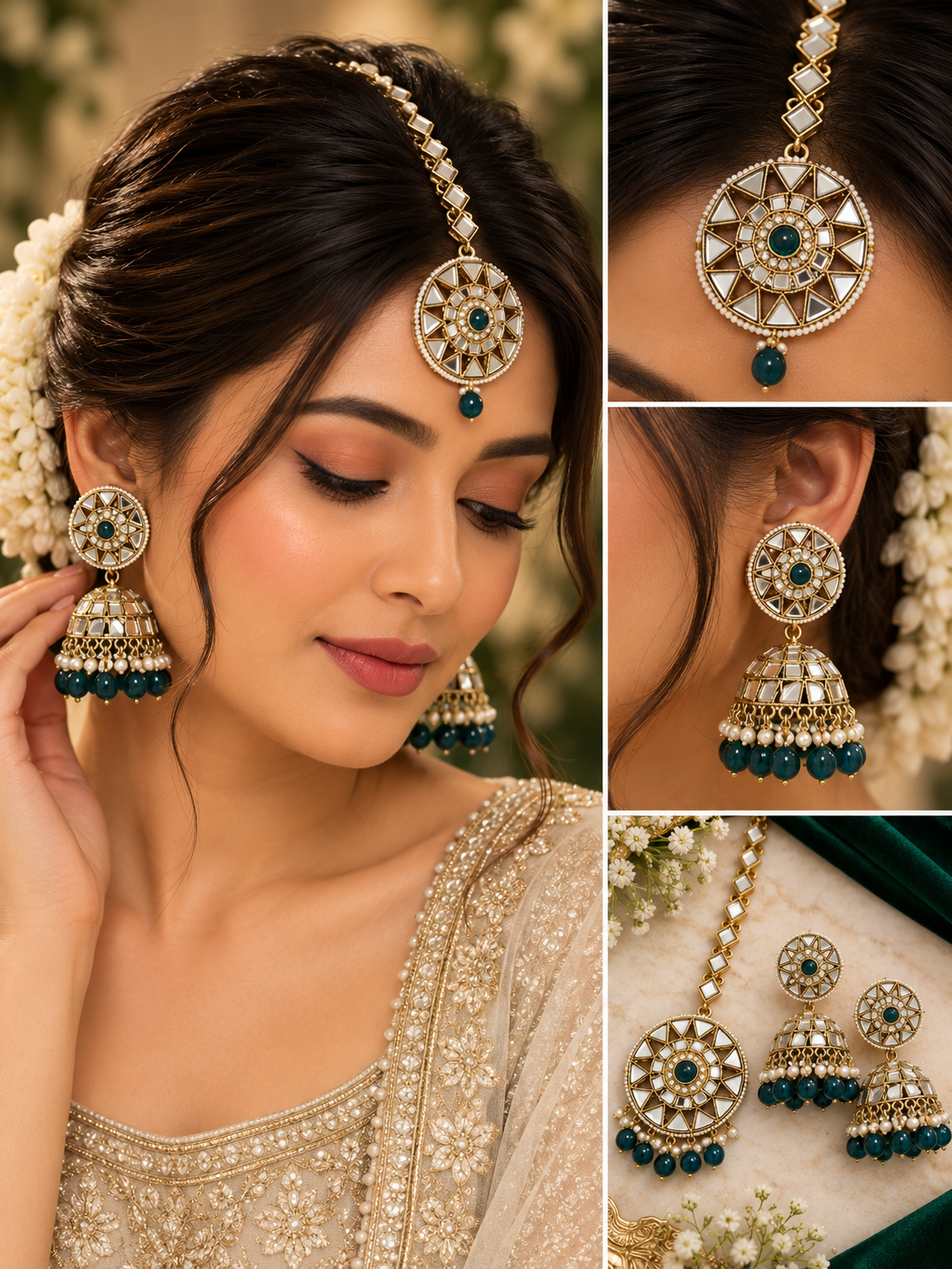 Full Mirror Work Mang Tikka With Jhumkas (Green)
