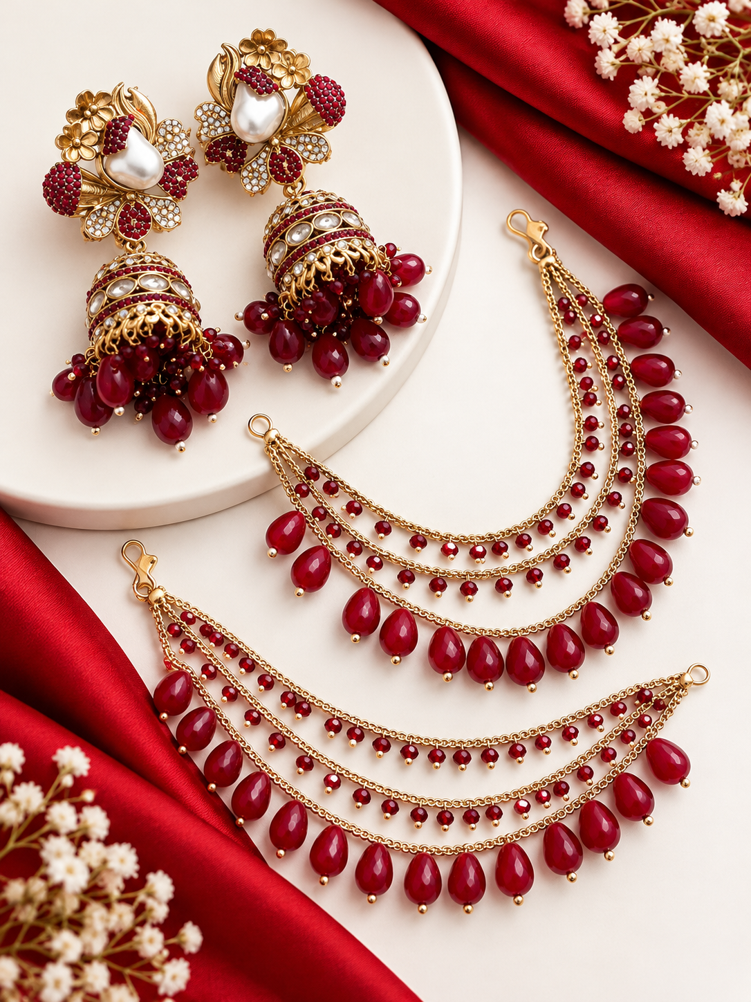 Heena Turkish Jhumkas With Detachable Earchain (Maroon)