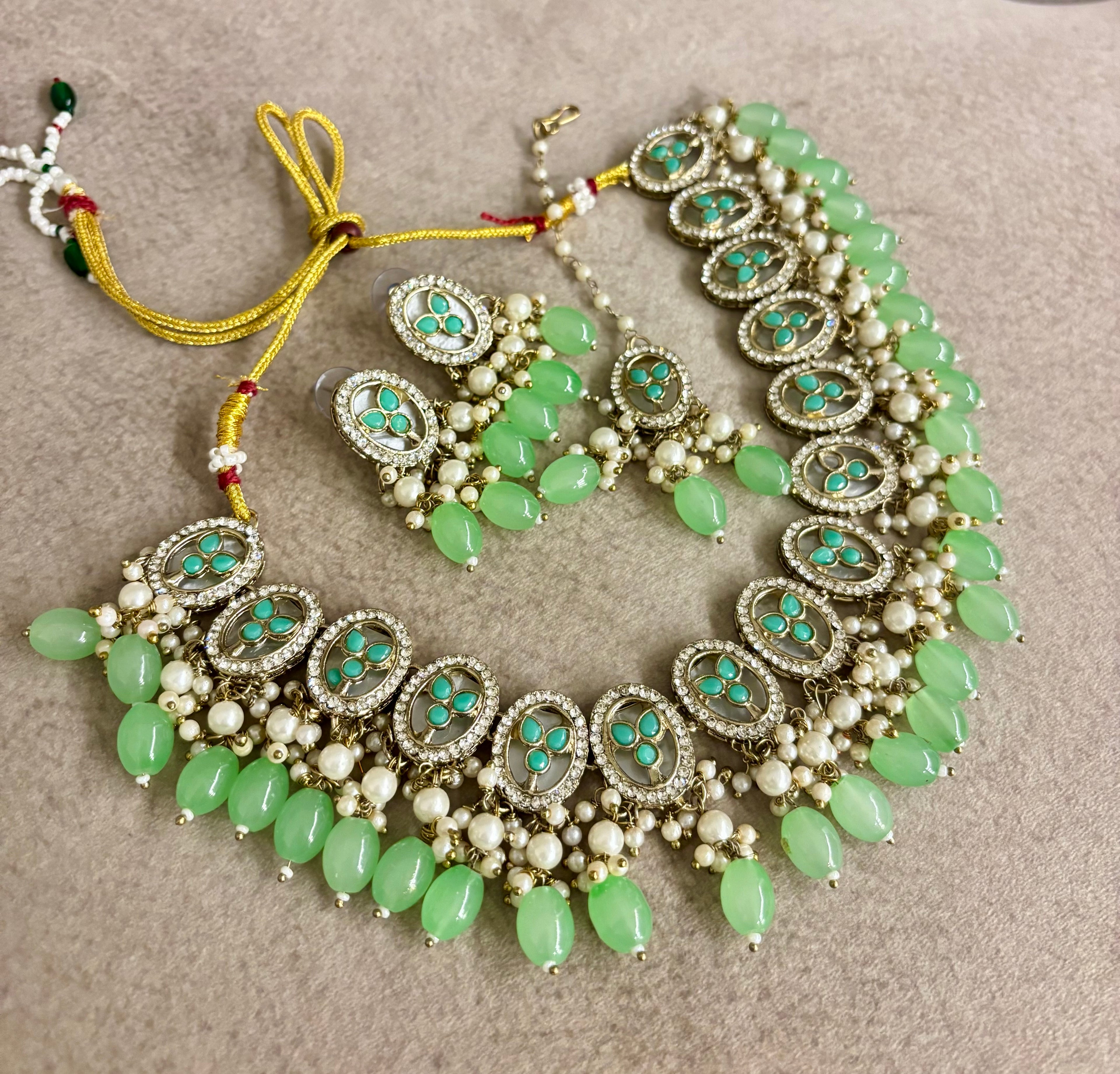 Mint Green Necklace With Mang Tikka & Earrings