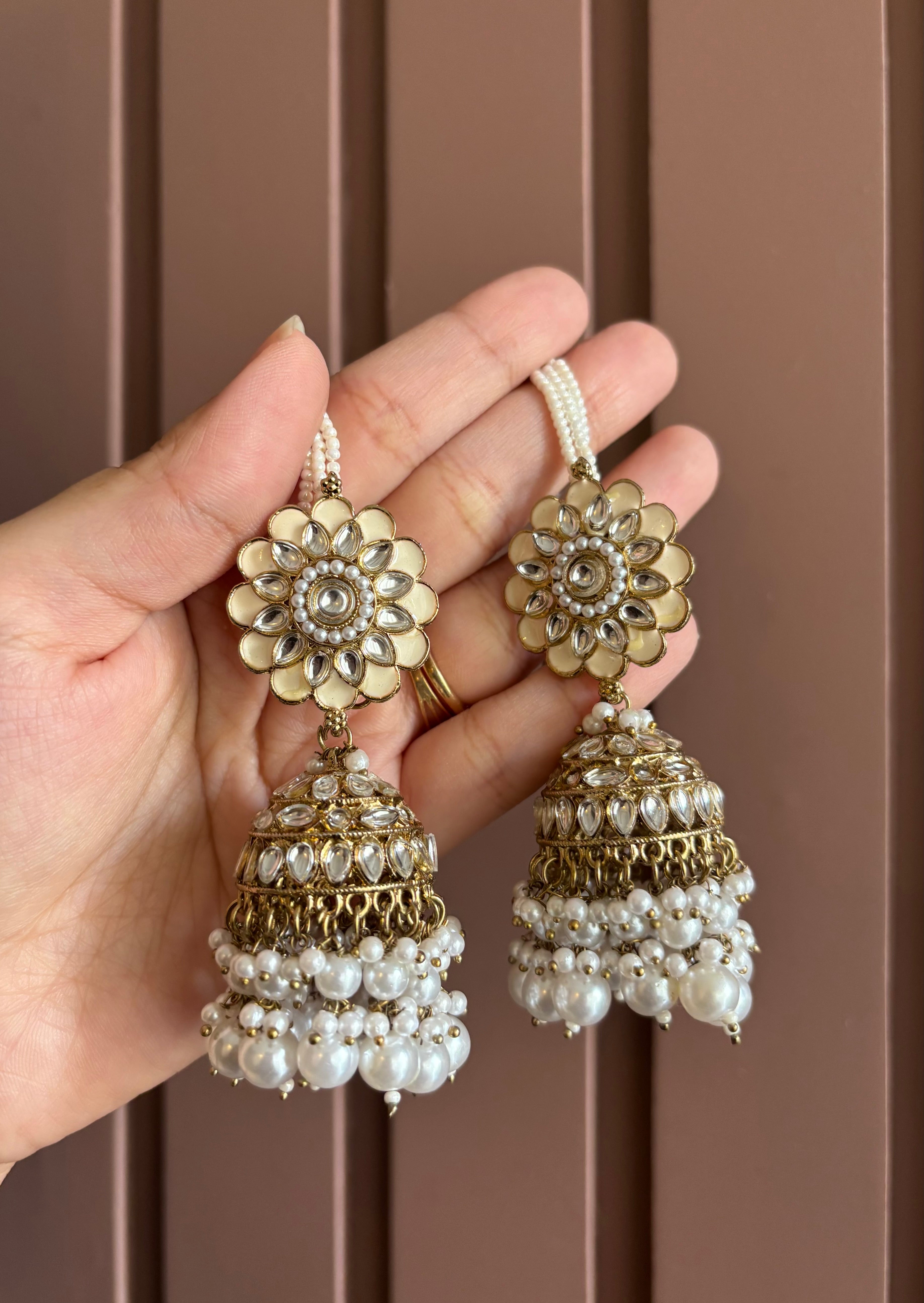 Flower Meenakari & Kundan Touch Jhumkas With Detachable Earchain (Ivory)