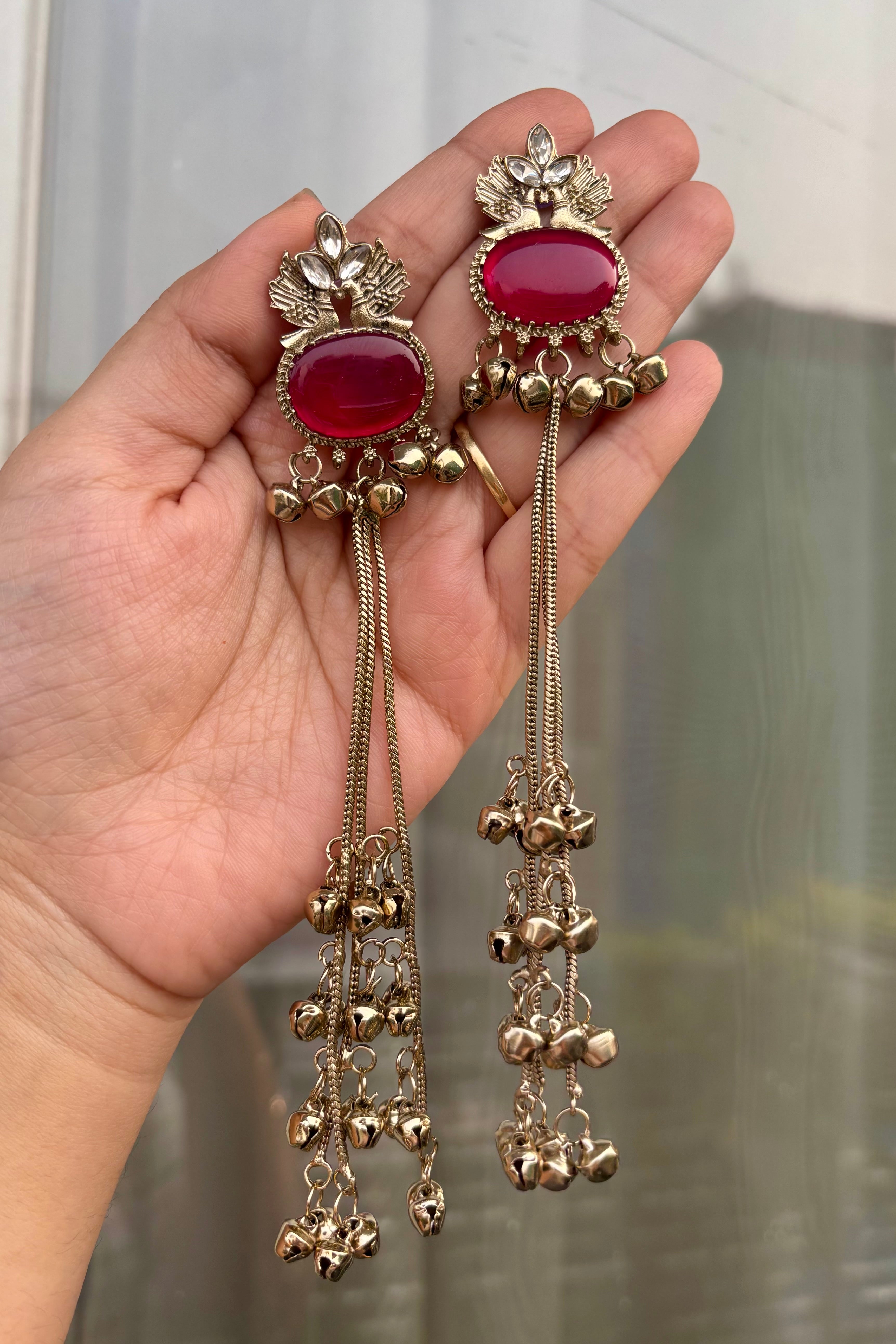 Dark Pink Oval Kashmiri Earrings