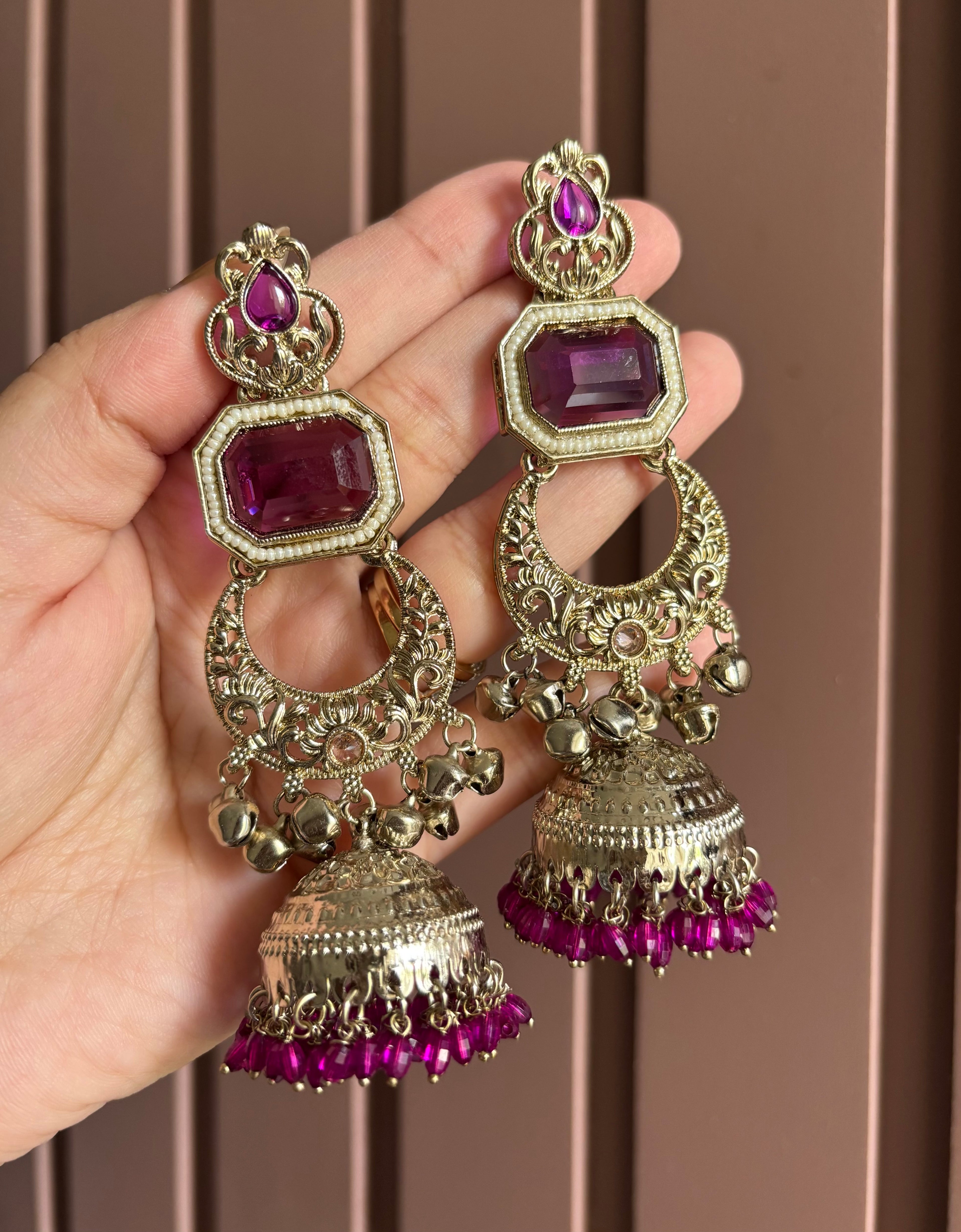 Brass Chandbali Jhumkas (Purple)