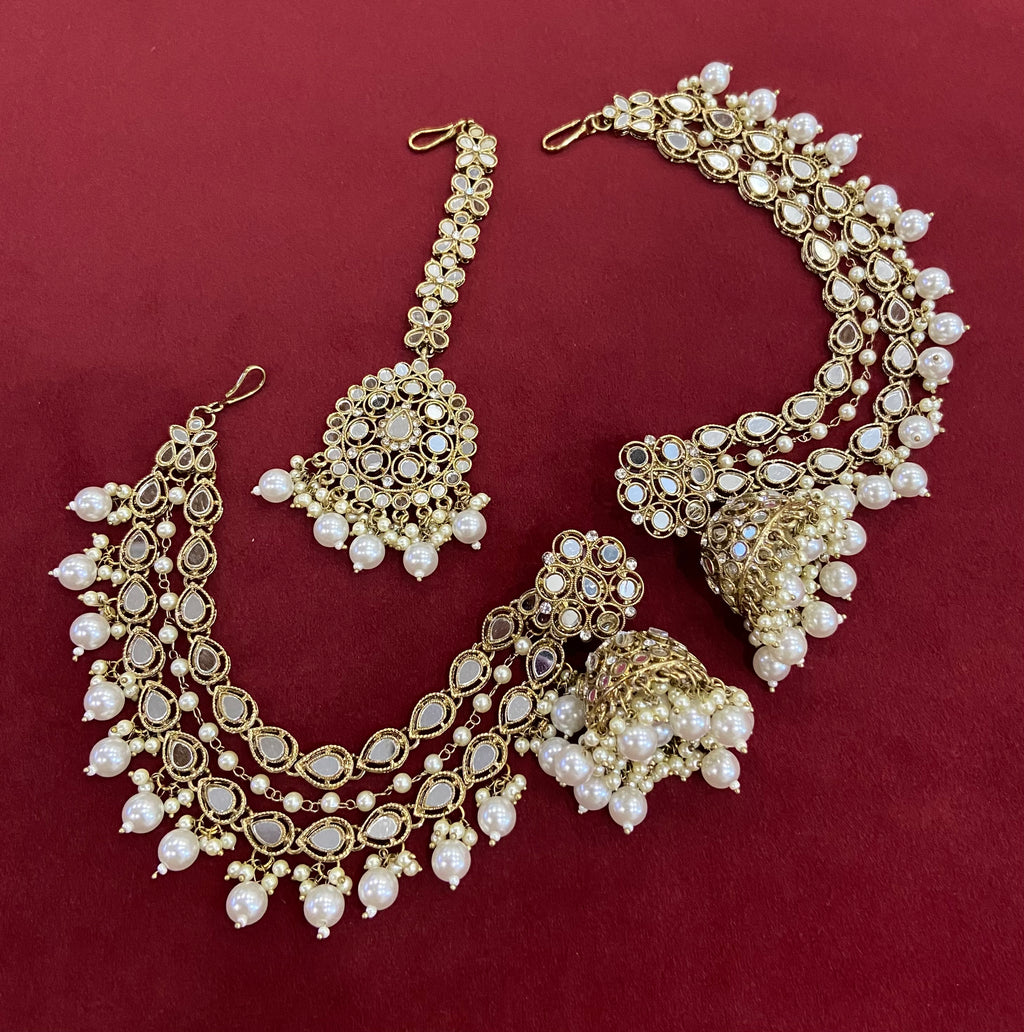 Ivory Pearls Mirror Cut Mang Tikka With Jhumkas & Detachable Earchain
