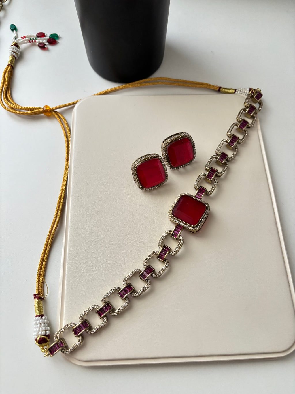 Sabyasachi Inspired Doublet Stone Work Choker With Studs (Ruby)