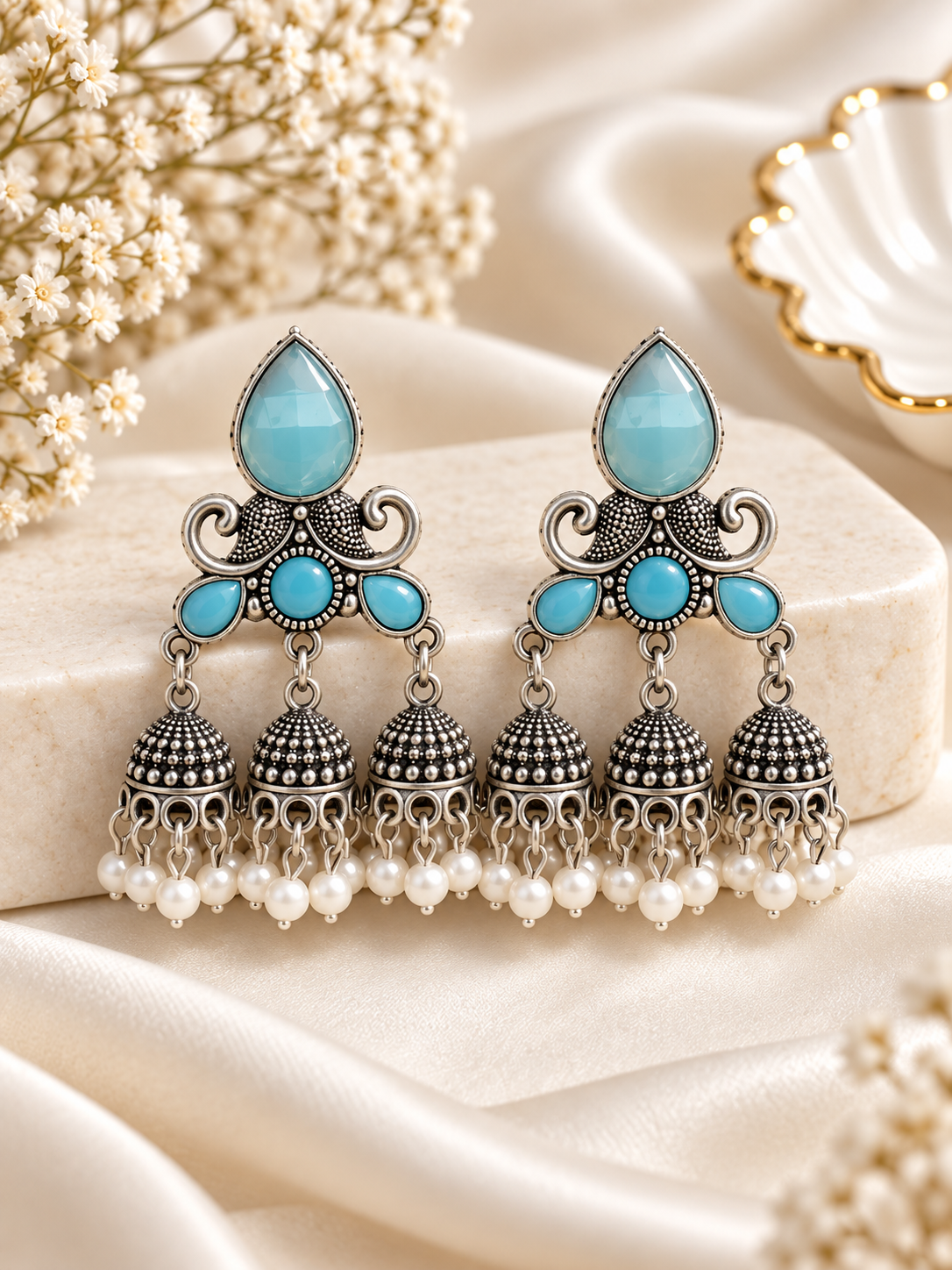 Dipti 3 Jhumki Touch Silver Earrings (Turquoise)