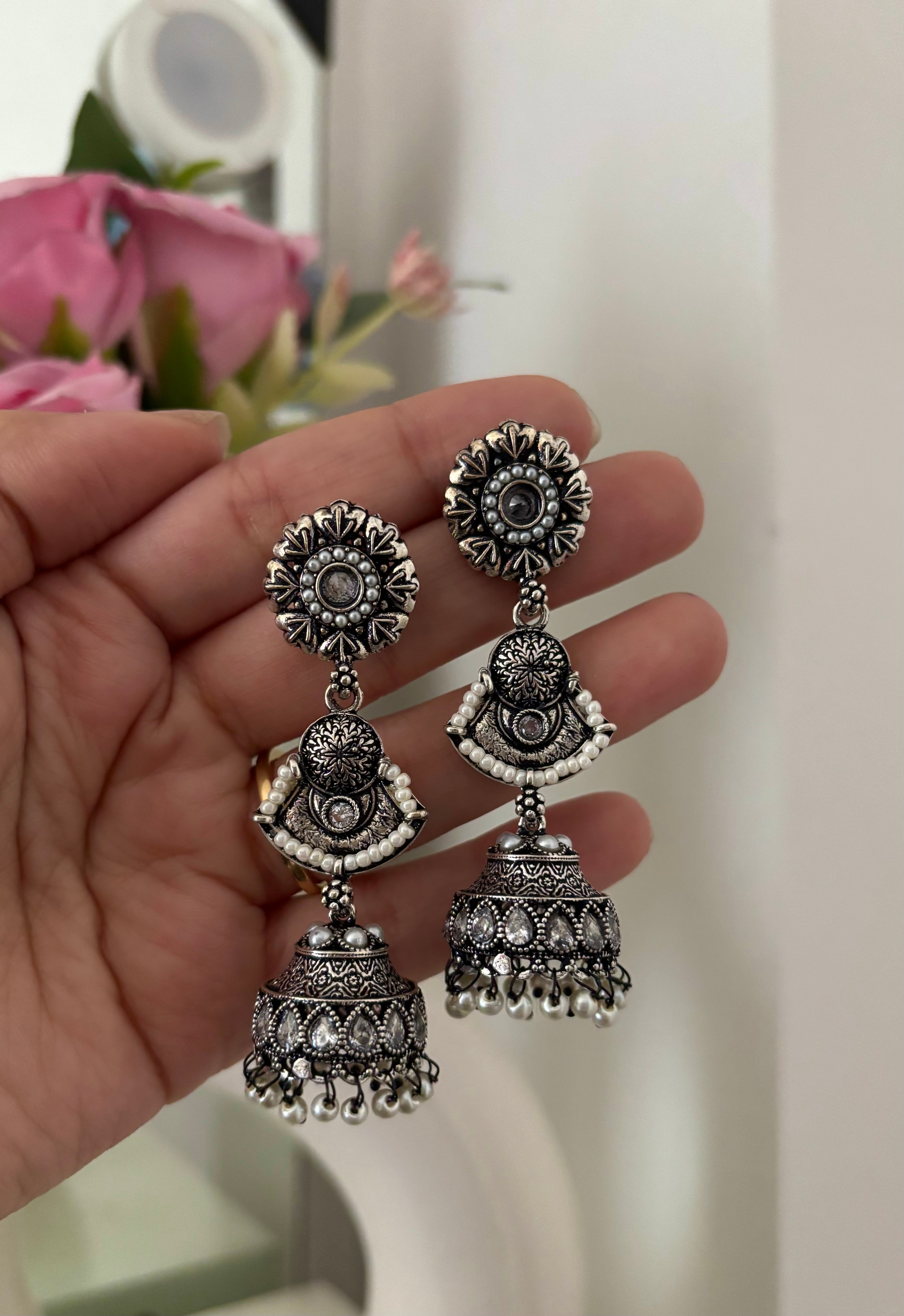 Shikha Silver Jhumkas