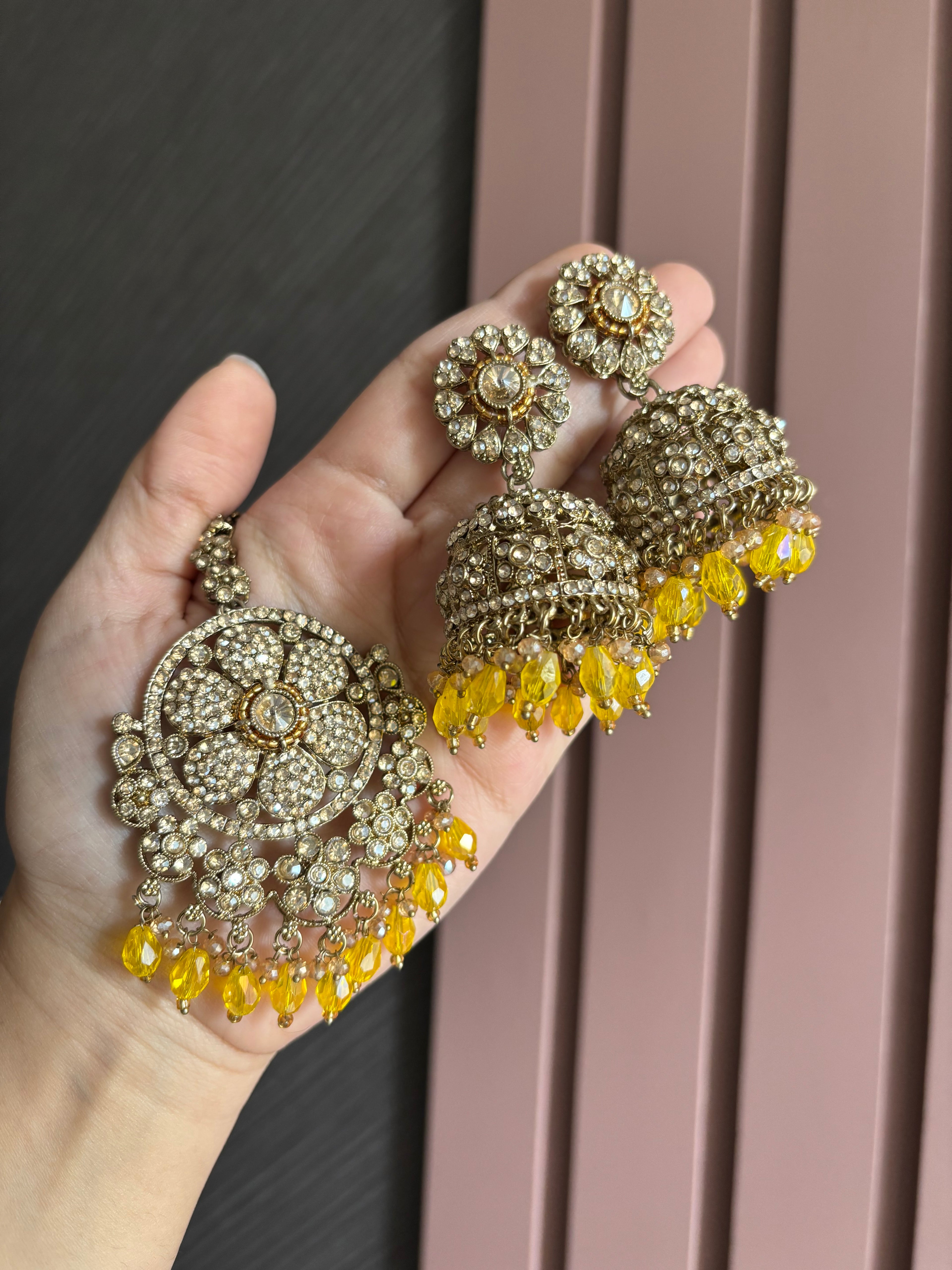 High Quality Designer Flower Mang Tikka & Jhumki ( Yellow)