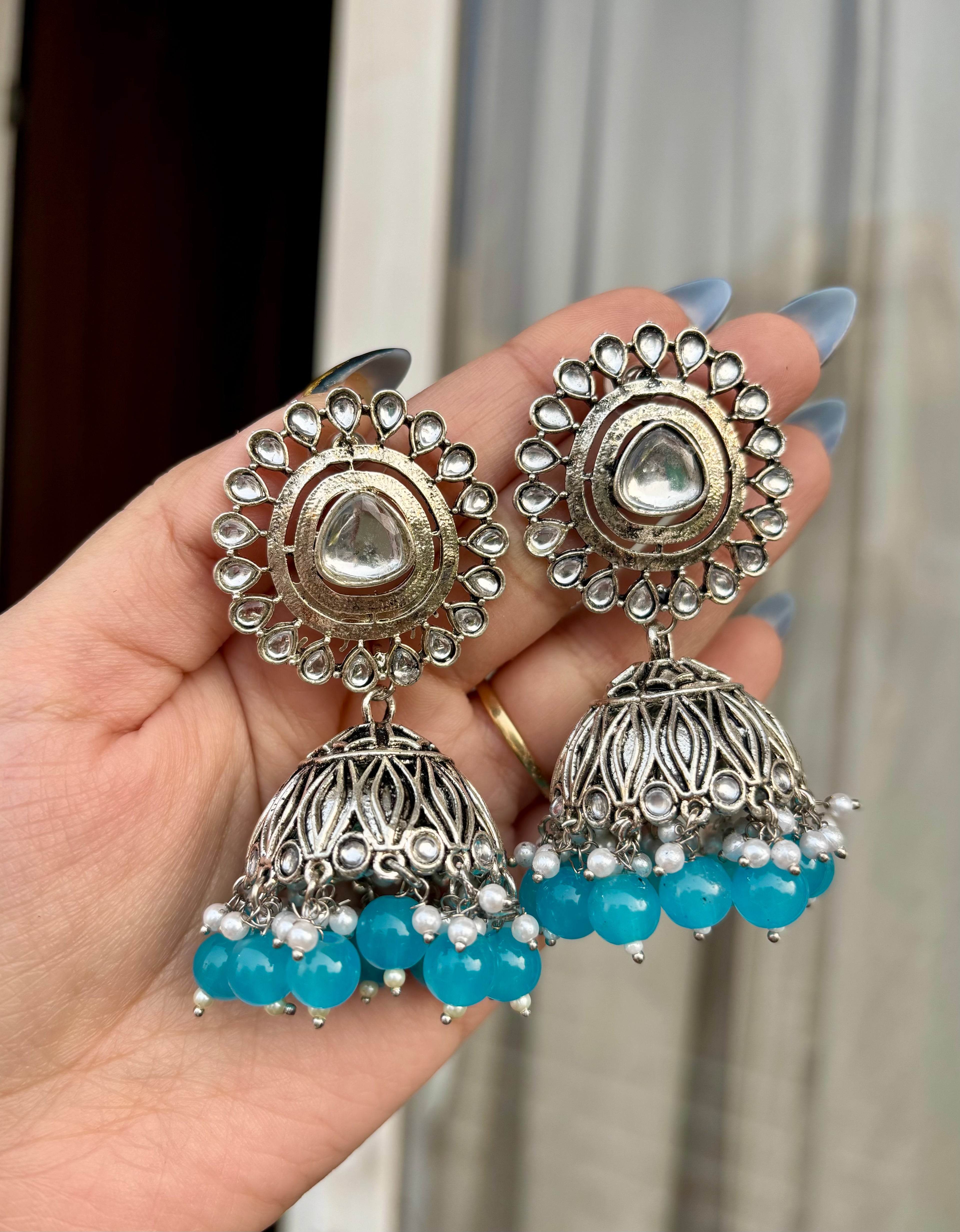 Sky Blue Flower Silver Jhumkas