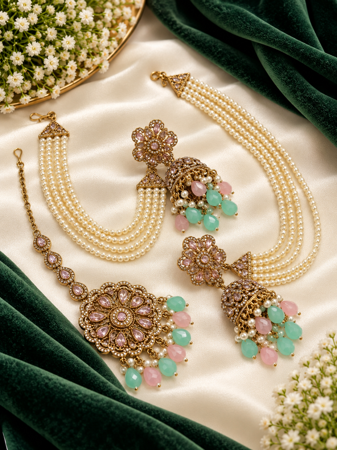 Jadau Mang Tikka With Jhumkas & Side Layers (Pink/Mint)