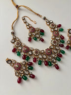 Tanisha Premium Moissanite Necklace With Mang Tikka & Earrings (Maroon/Green)