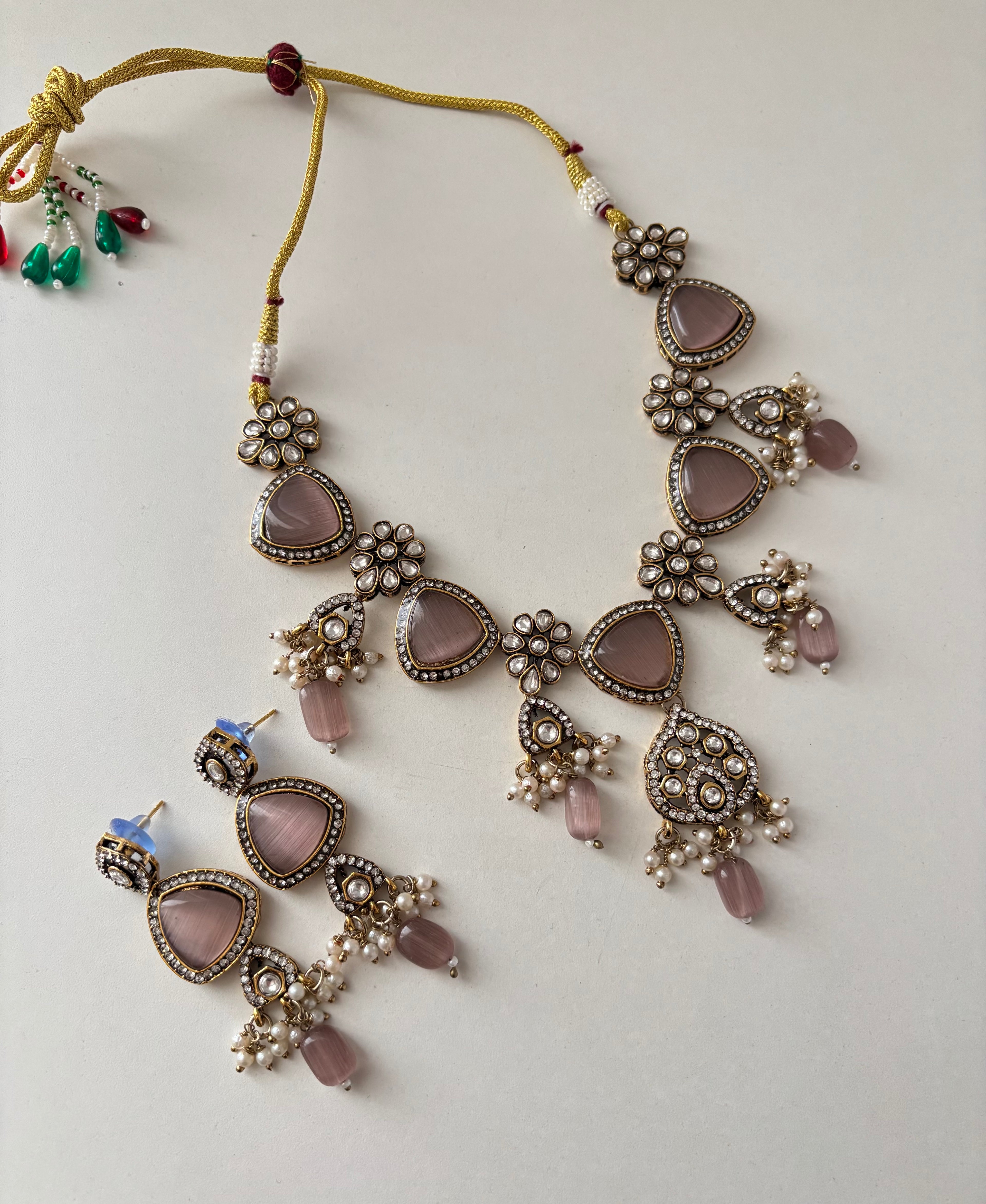 Shishuka Moissanite Necklace With Earrings (Baby Pink)