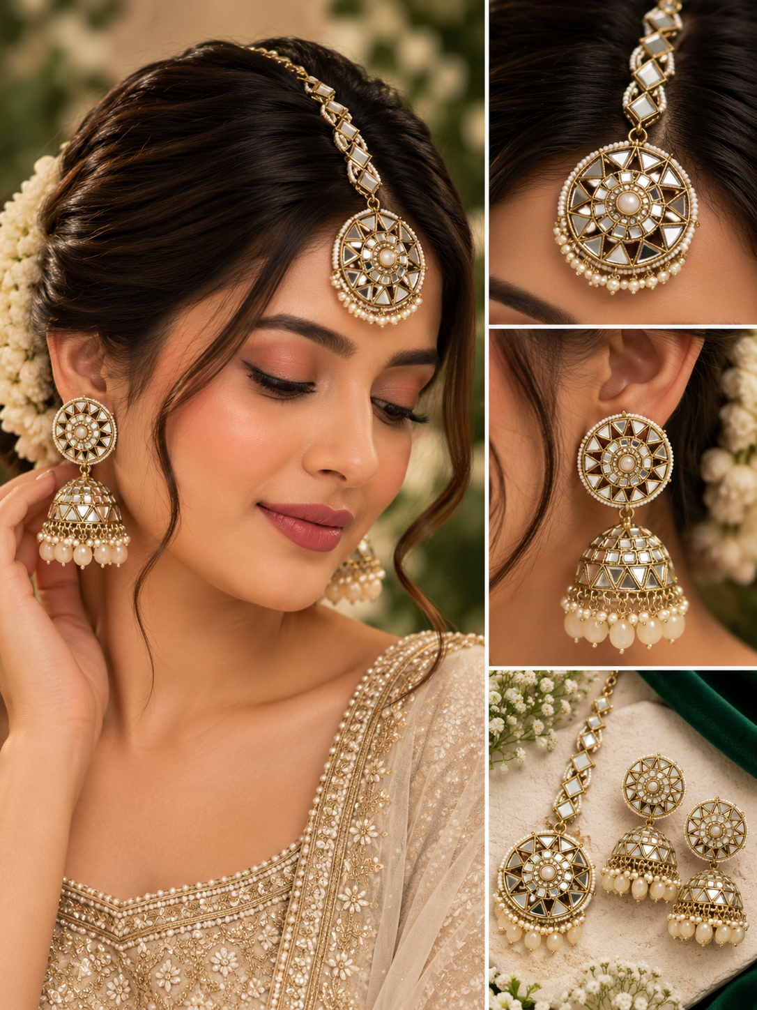 Full Mirror Work Mang Tikka With Jhumkas (Peach)