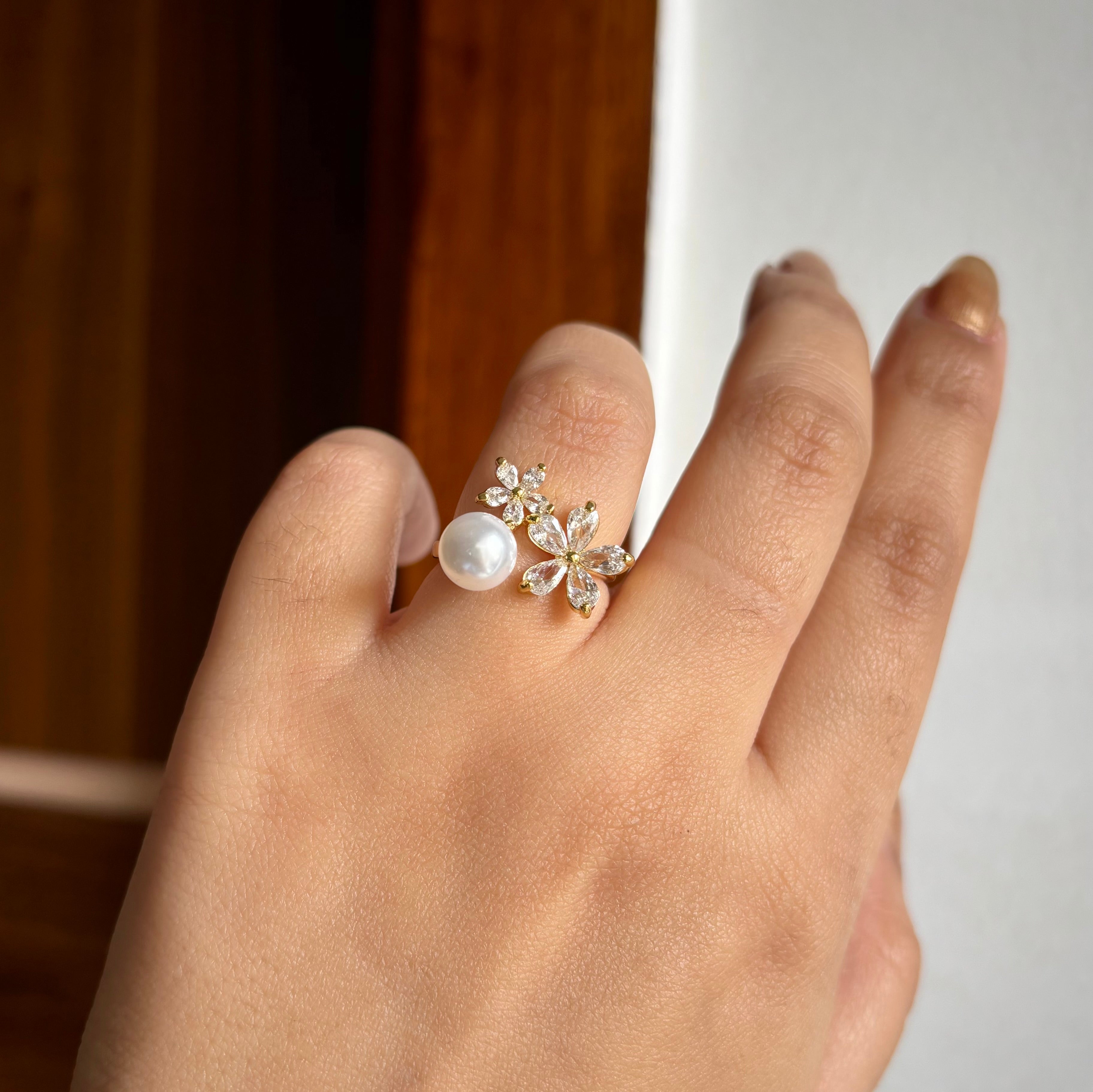 Double Rose & Pearl Adjustable Ring