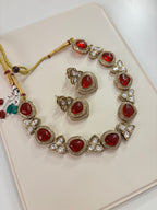 Premium Sleek Moissanite & Doublet Stones Work Necklace With Earrings (Maroon)