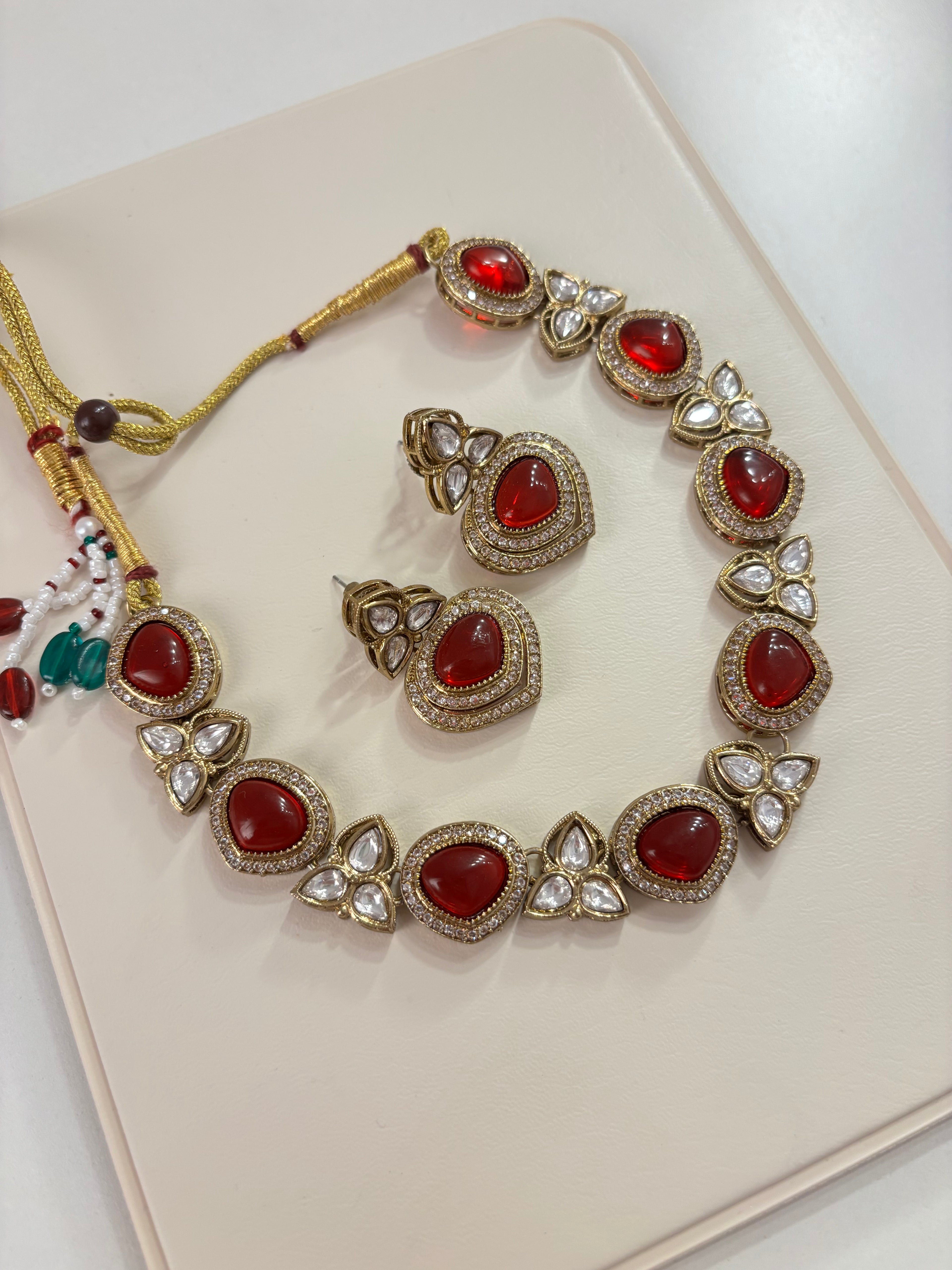 Premium Sleek Moissanite & Doublet Stones Work Necklace With Earrings (Maroon)