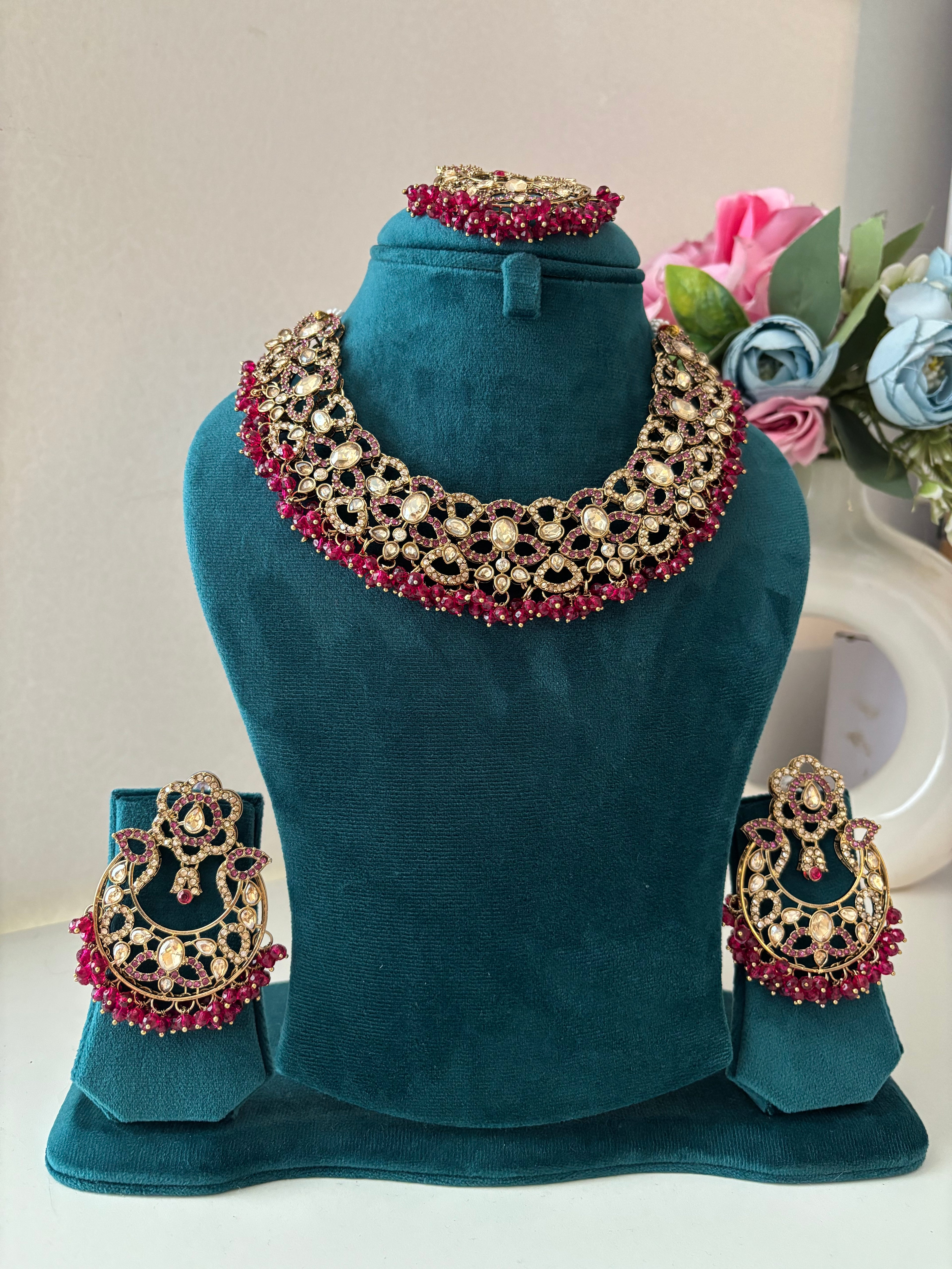 Navida Classy Necklace With Mang Tikka & Chandbali Earrings (Dark Pink)