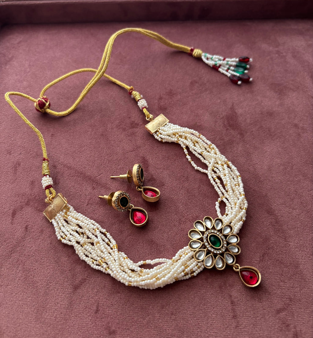 Classy Flower Kundan Choker With Drop Earrings (Ruby & Emerald)