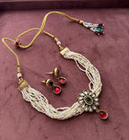 Classy Flower Kundan Choker With Drop Earrings (Ruby & Emerald)