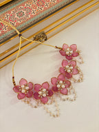 Flower Petal Floral Necklace With Mang Tikka & Earrings (Pastel Pink)
