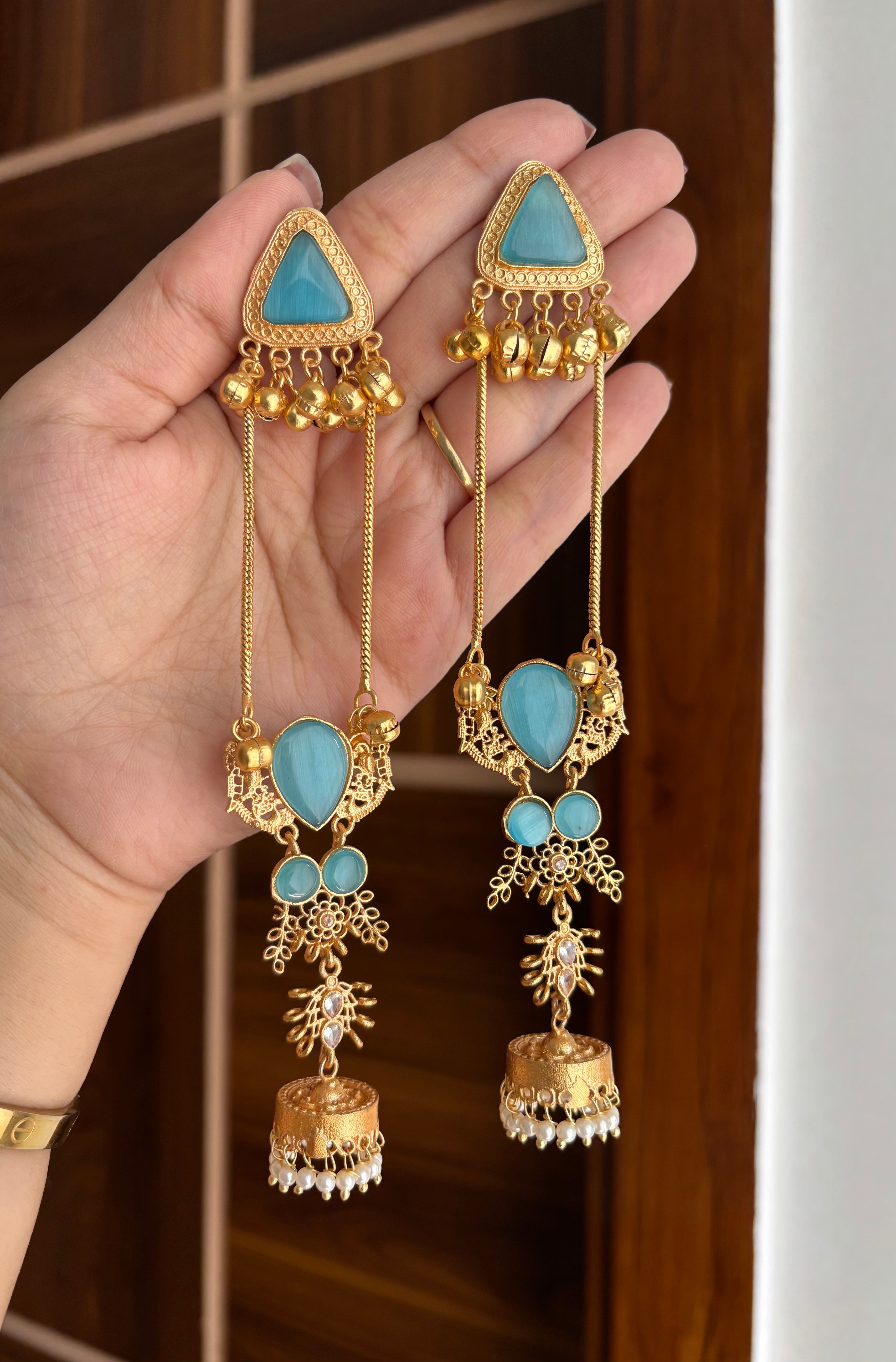 Tara Designer Long Kashmiri Earrings ( Turquoise)