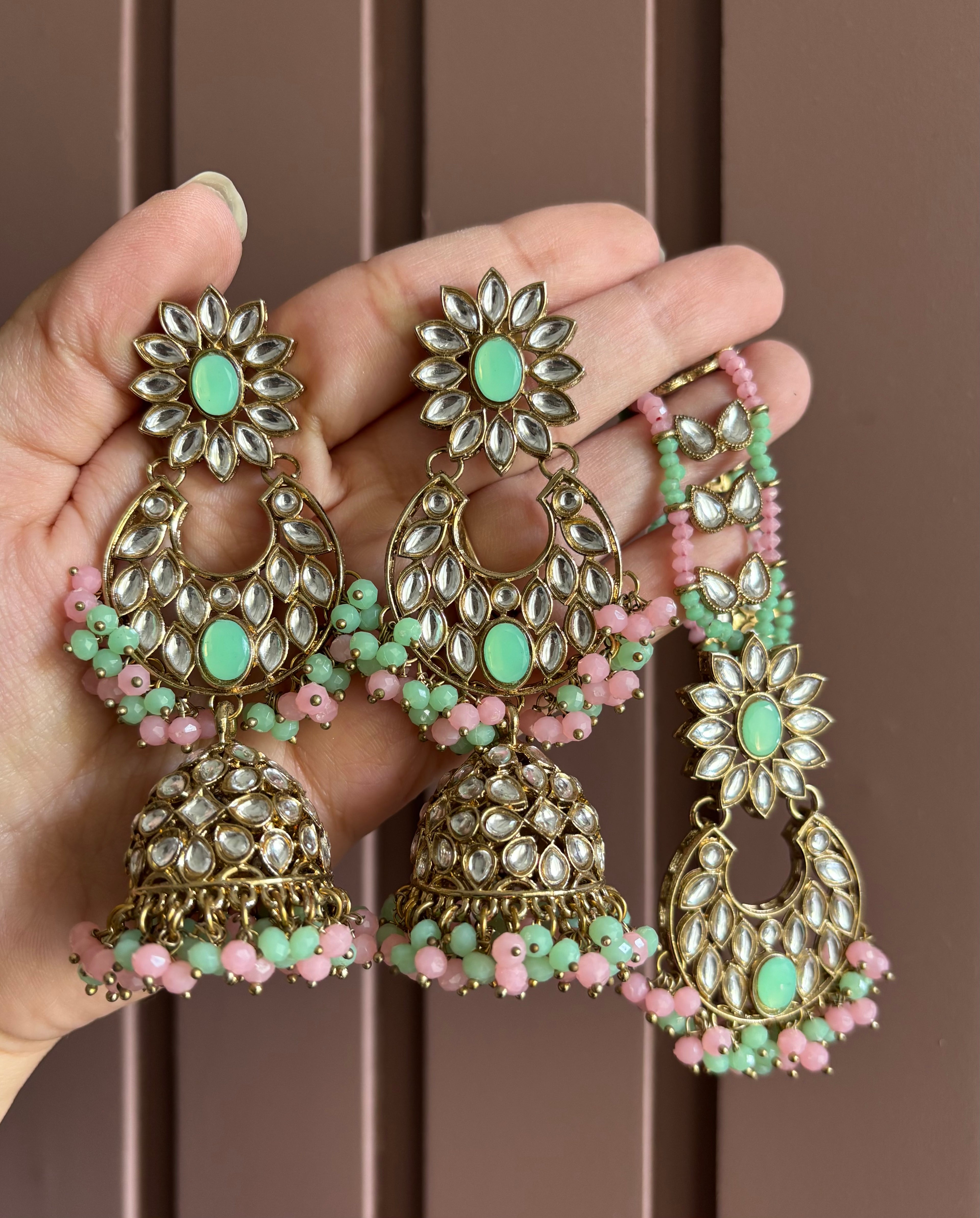 High Quality Designer Pink & Mint Mix Mang Tikka With Long Earrings