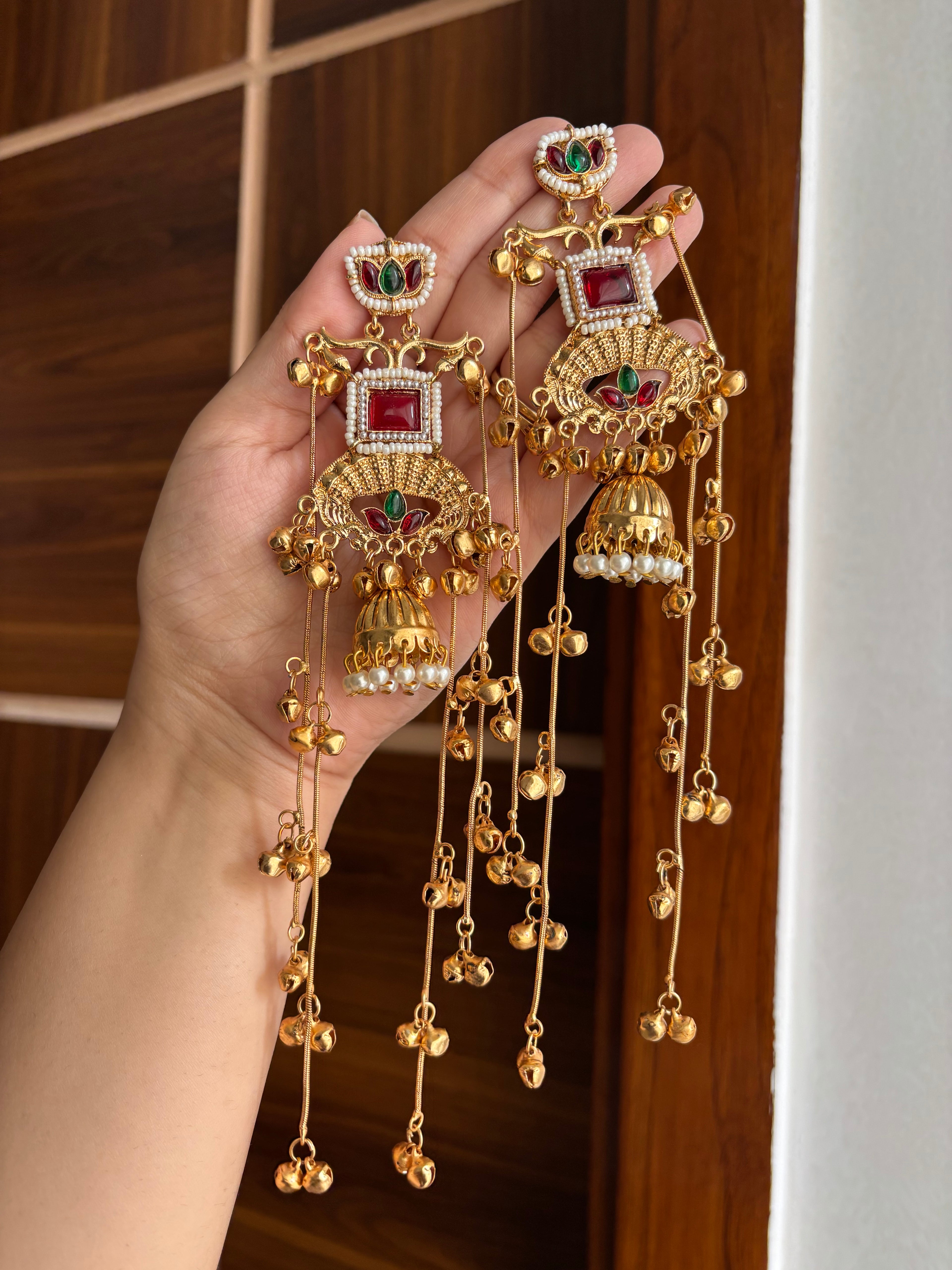 Nisha Kashmiri Long Earrings (Maroon & Green)