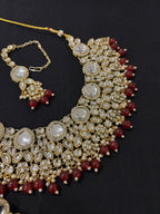Aman Kundan Heavy Look Necklace With Mang Tikka & Jhumkas ( Maroon )