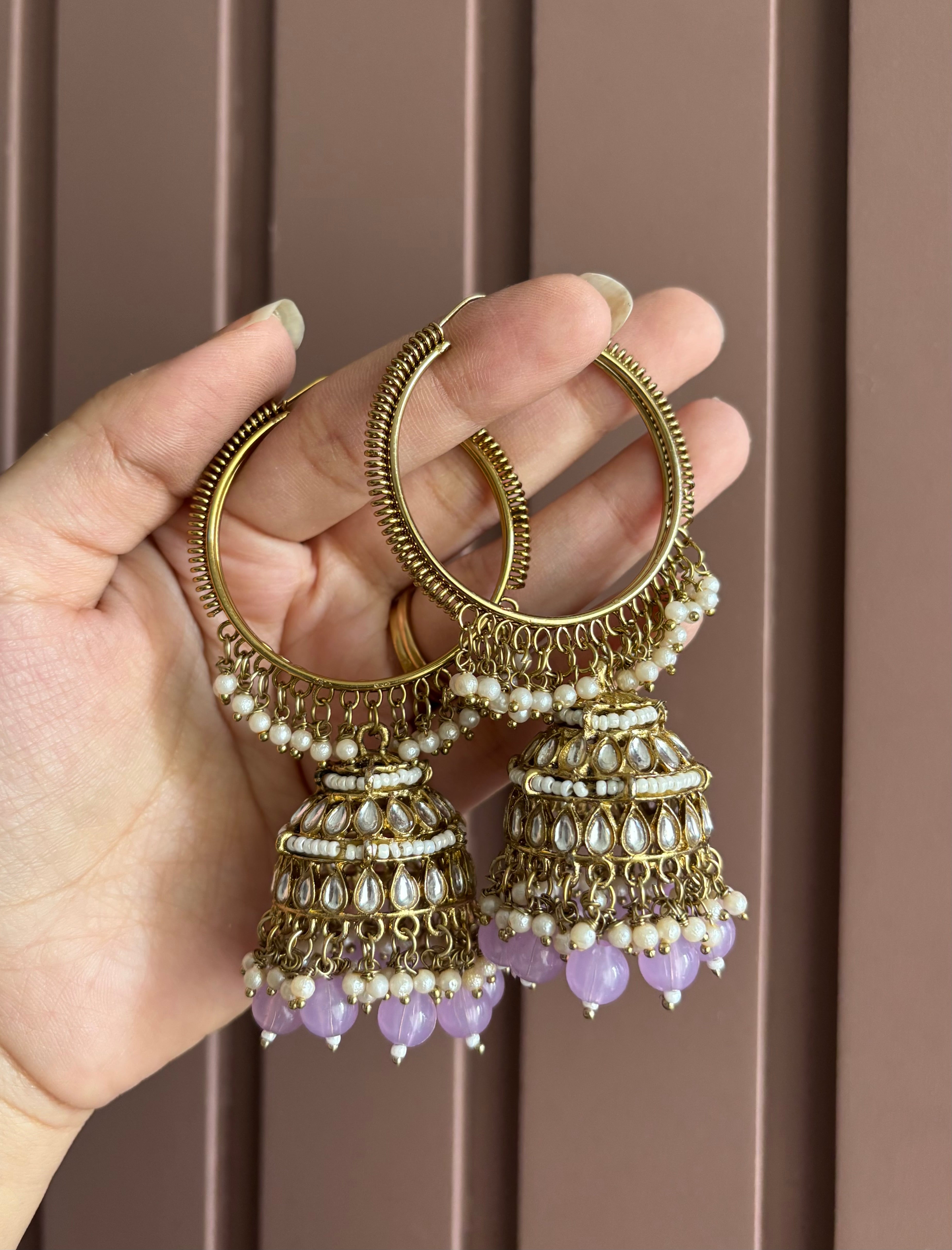 Lavender Kundan Bali Jhumkas