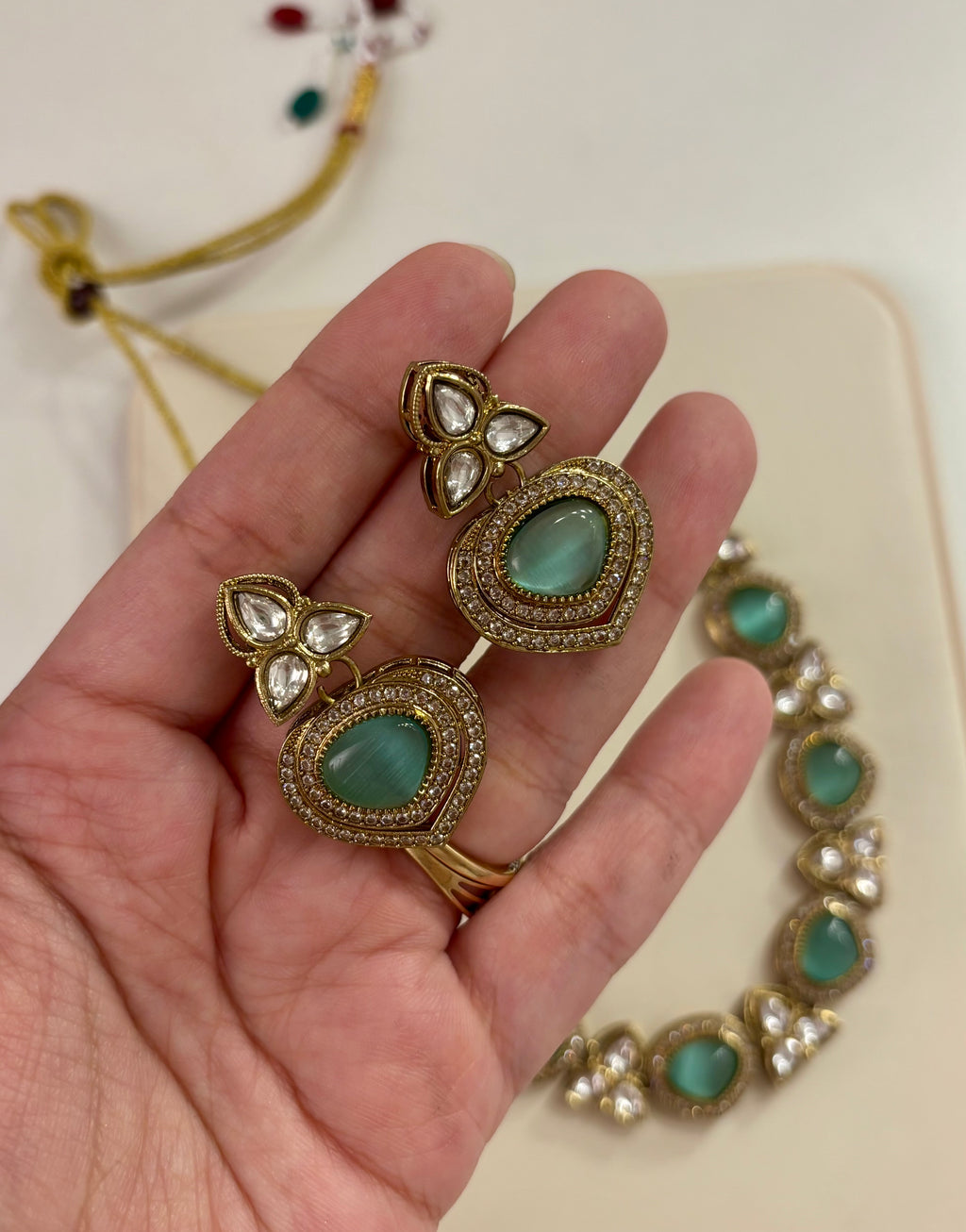 Premium Sleek Moissanite & Doublet Stones Work Necklace With Earrings (Turquoise)