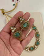Premium Sleek Moissanite & Doublet Stones Work Necklace With Earrings (Turquoise)