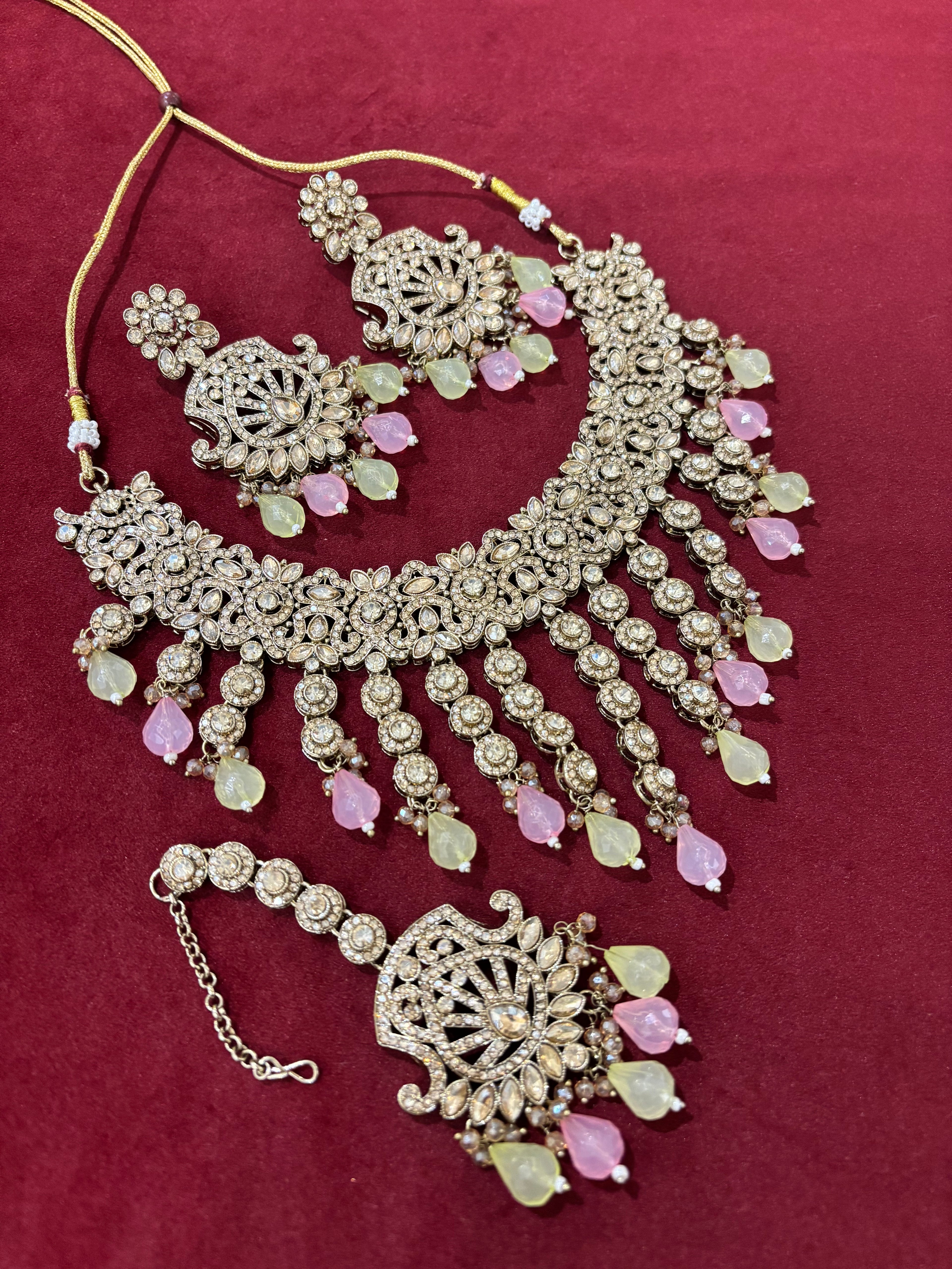High Quality Designer Pink & Mint Mix Layer Necklace With Mang Tikka & Earrings