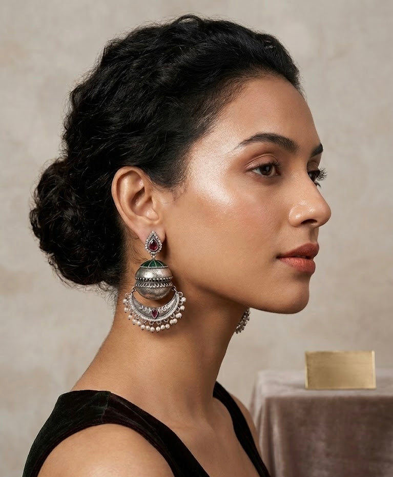 Premium German Silver Chandbali With American Diamond Touch