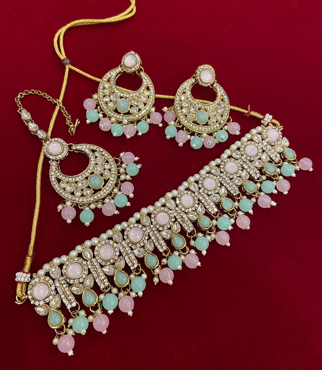 Pink & Mint Choker Set With Mang Tikka & Earrings